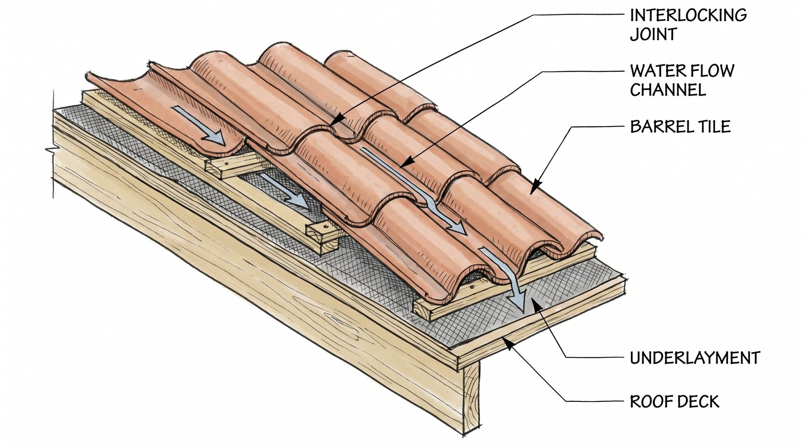 Cross-section diagram showing barrel tile installation with interlocking pattern and water flow channels