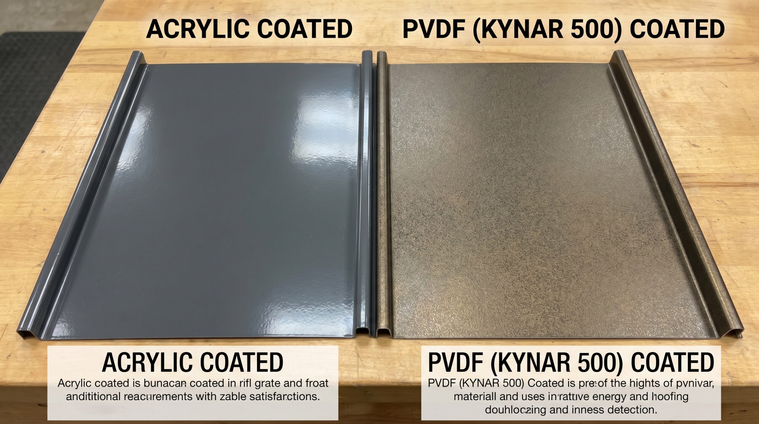 side by side comparison of metal roof panels showing coating differences