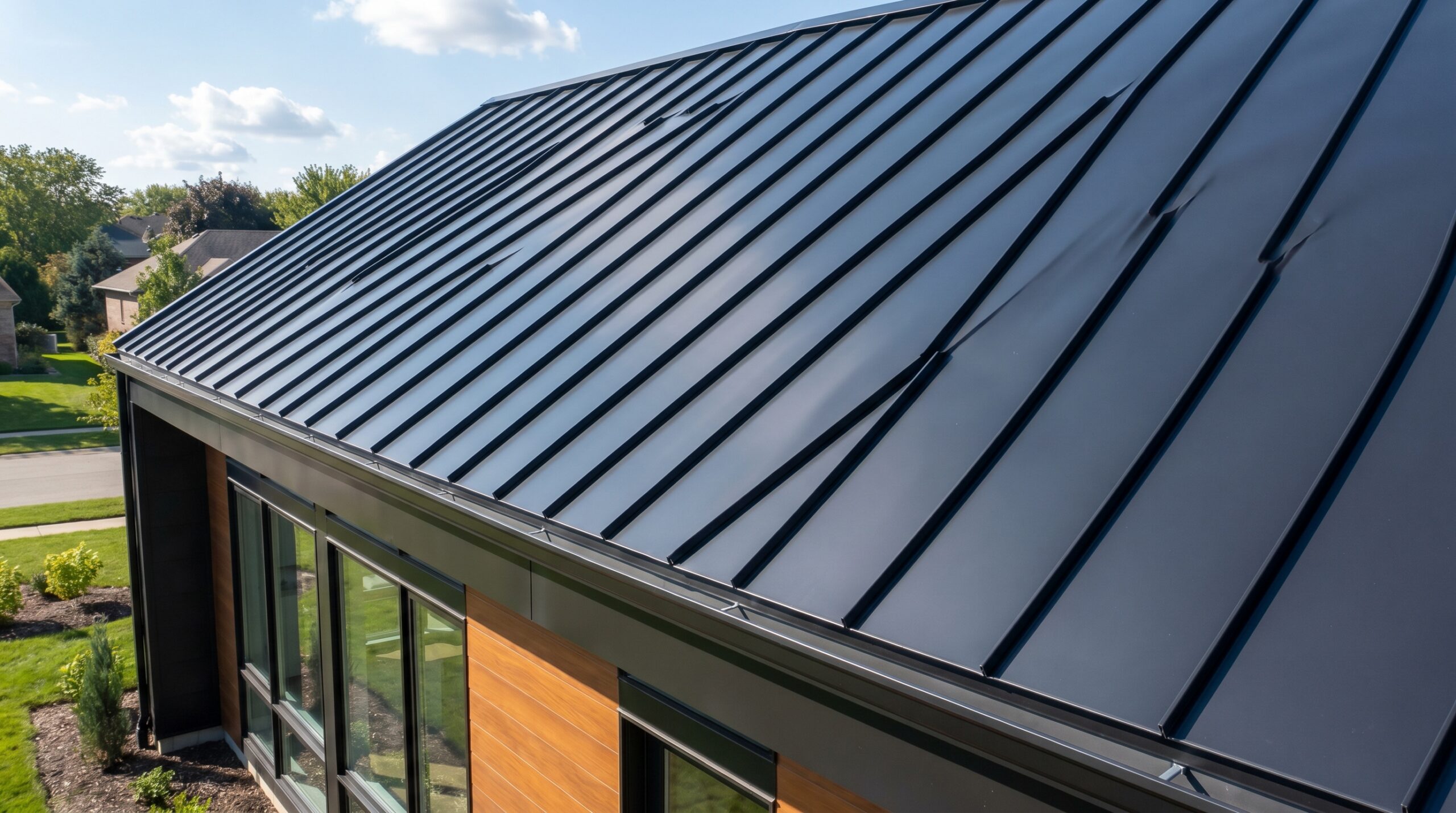 A close-up view of a modern house with a dark gray standing seam metal roof, large windows, and wooden siding under a partly cloudy sky.