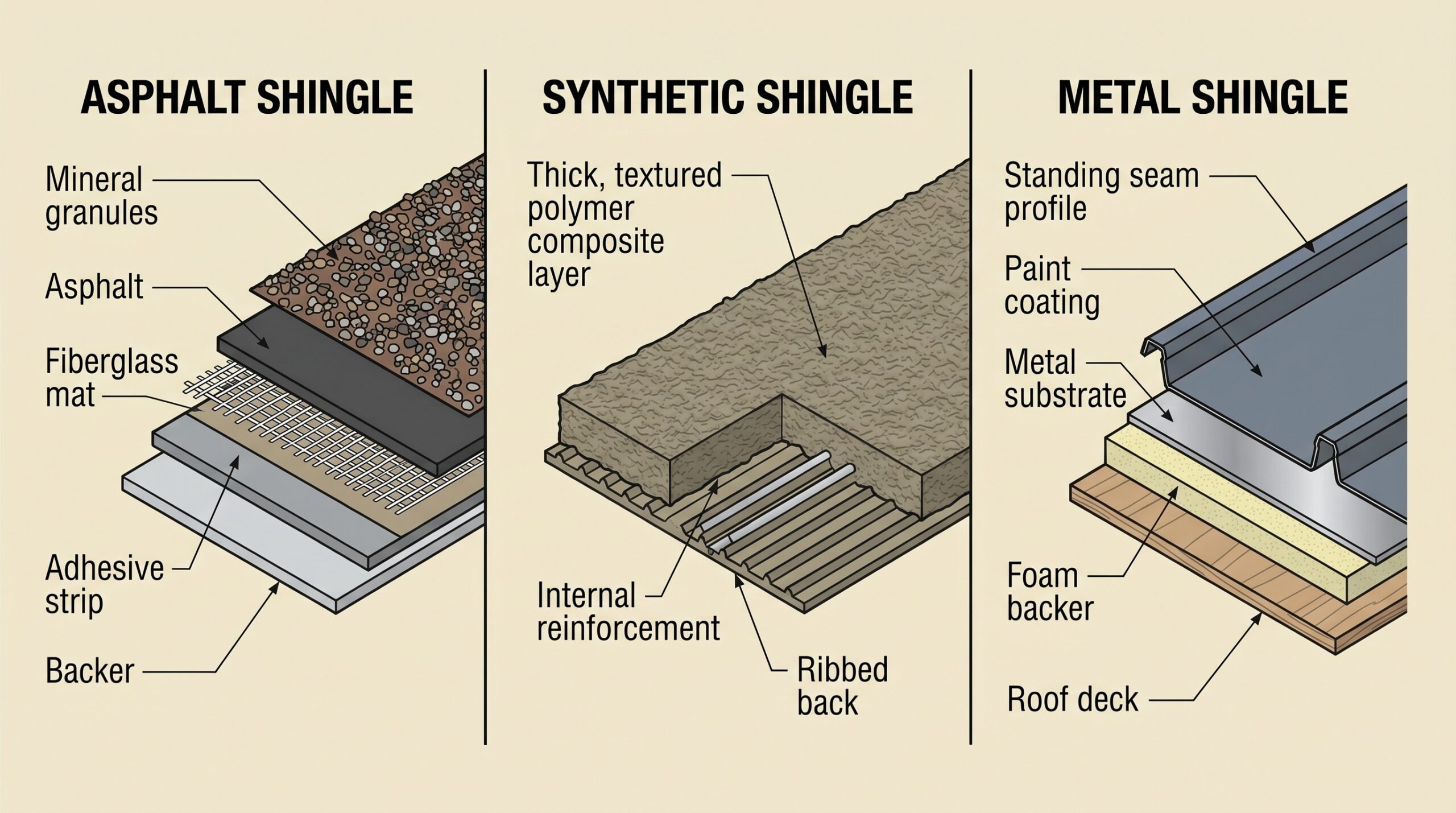 Cross-section diagram showing construction differences between asphalt, synthetic, and metal shingles