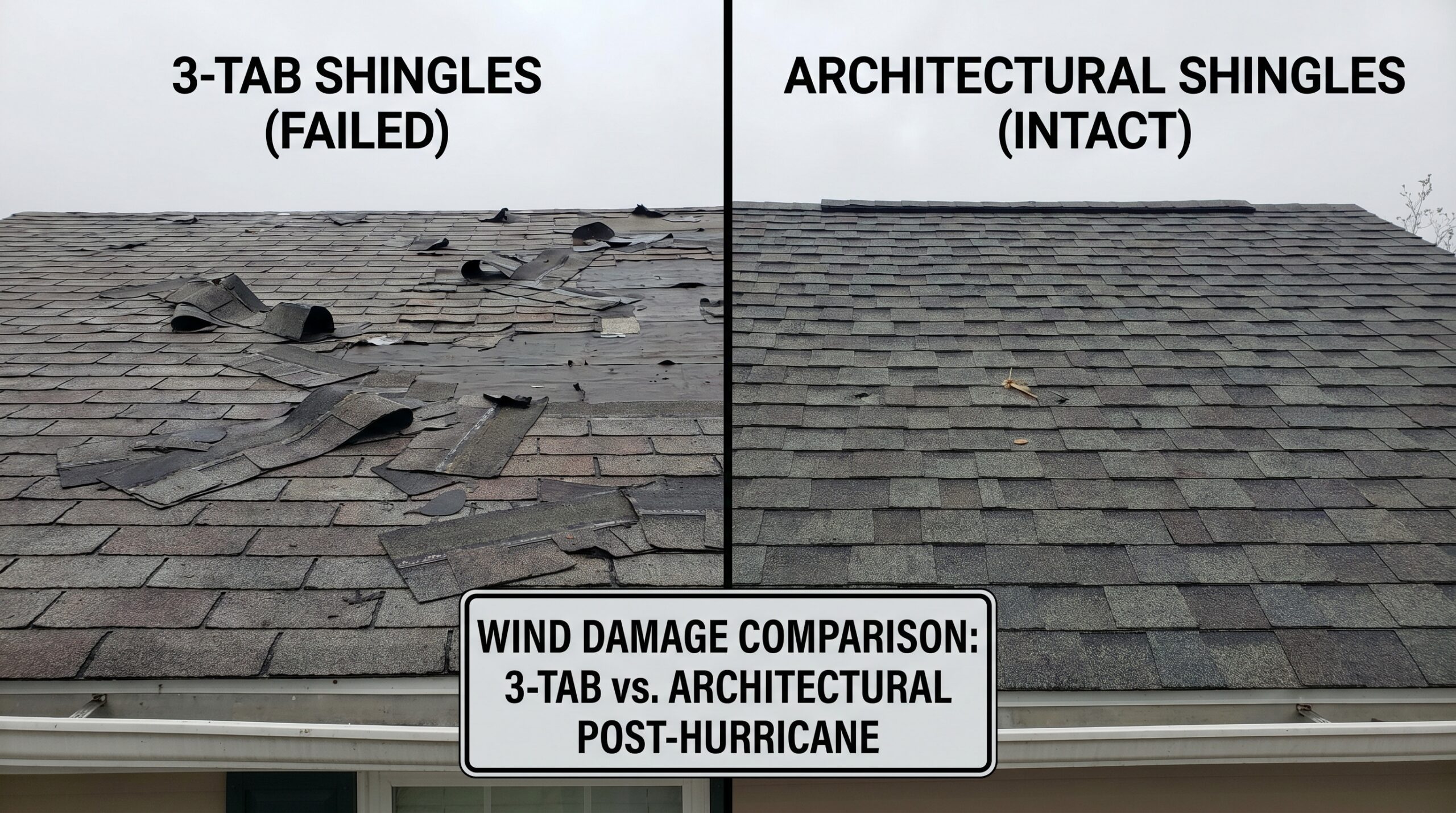 Wind damage comparison showing failed 3-tab shingles versus intact architectural shingles after hurricane