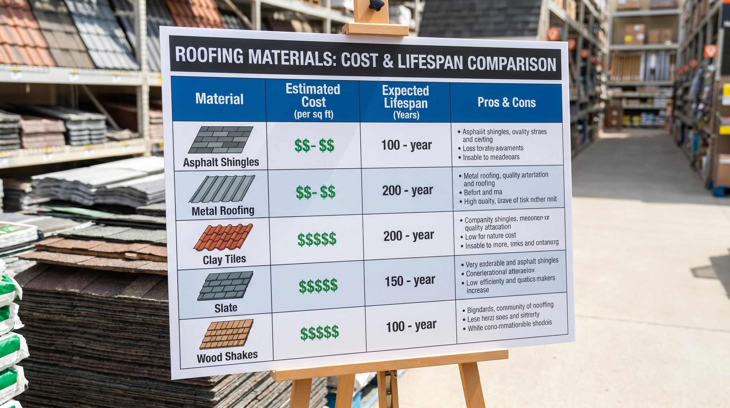Comparison chart showing different roofing materials costs and lifespans