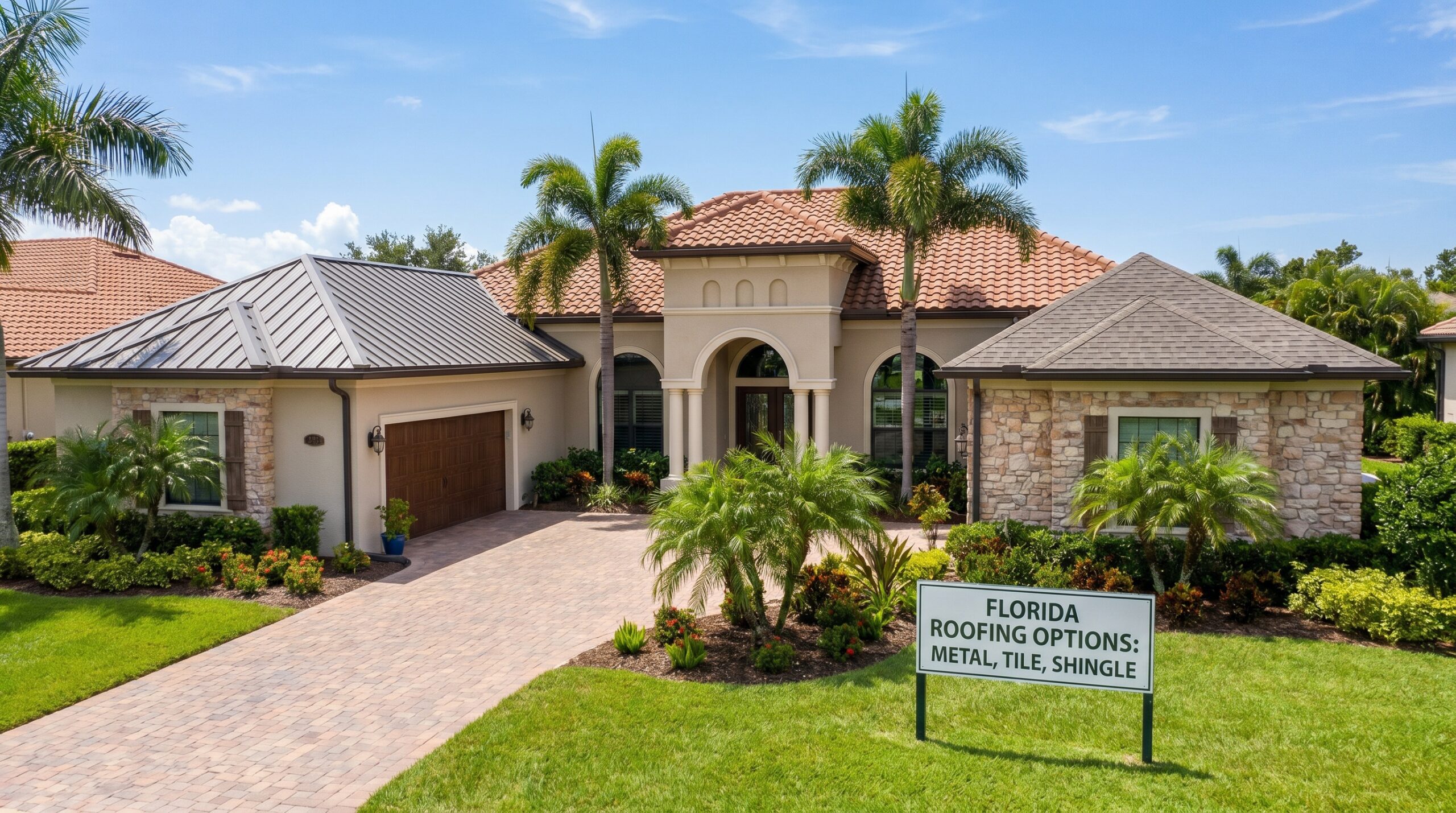 A large, elegant house with a tile roof, stone accents, palm trees, and manicured landscaping. A sign in front reads "Florida Roofing Options: Metal, Tile, Shingle." The sky is clear and blue.