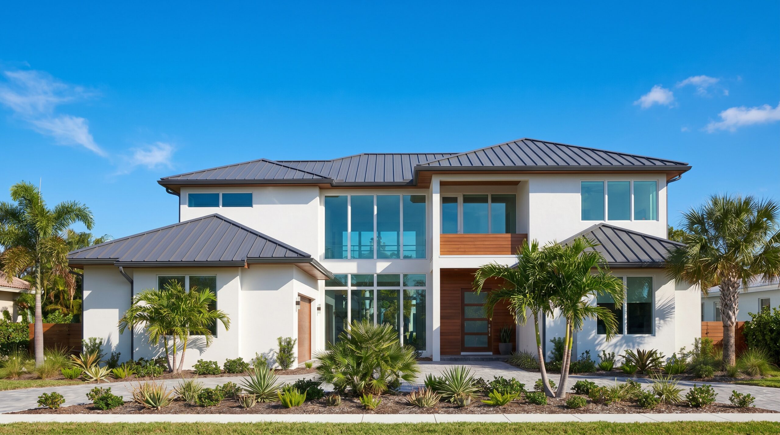 Modern two-story house with white exterior, large windows, and a dark metal roof. Palm trees and landscaped greenery surround the home, with a clear blue sky in the background.