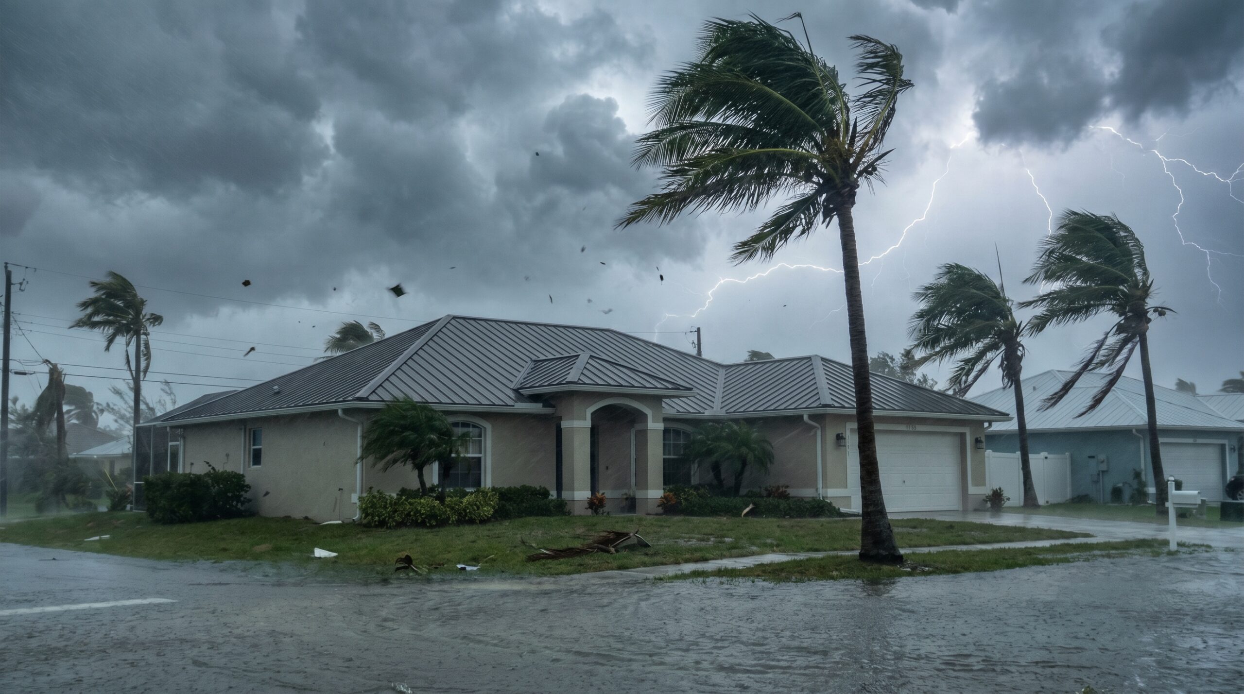 Florida home with metal roof during storm showing wind resistance