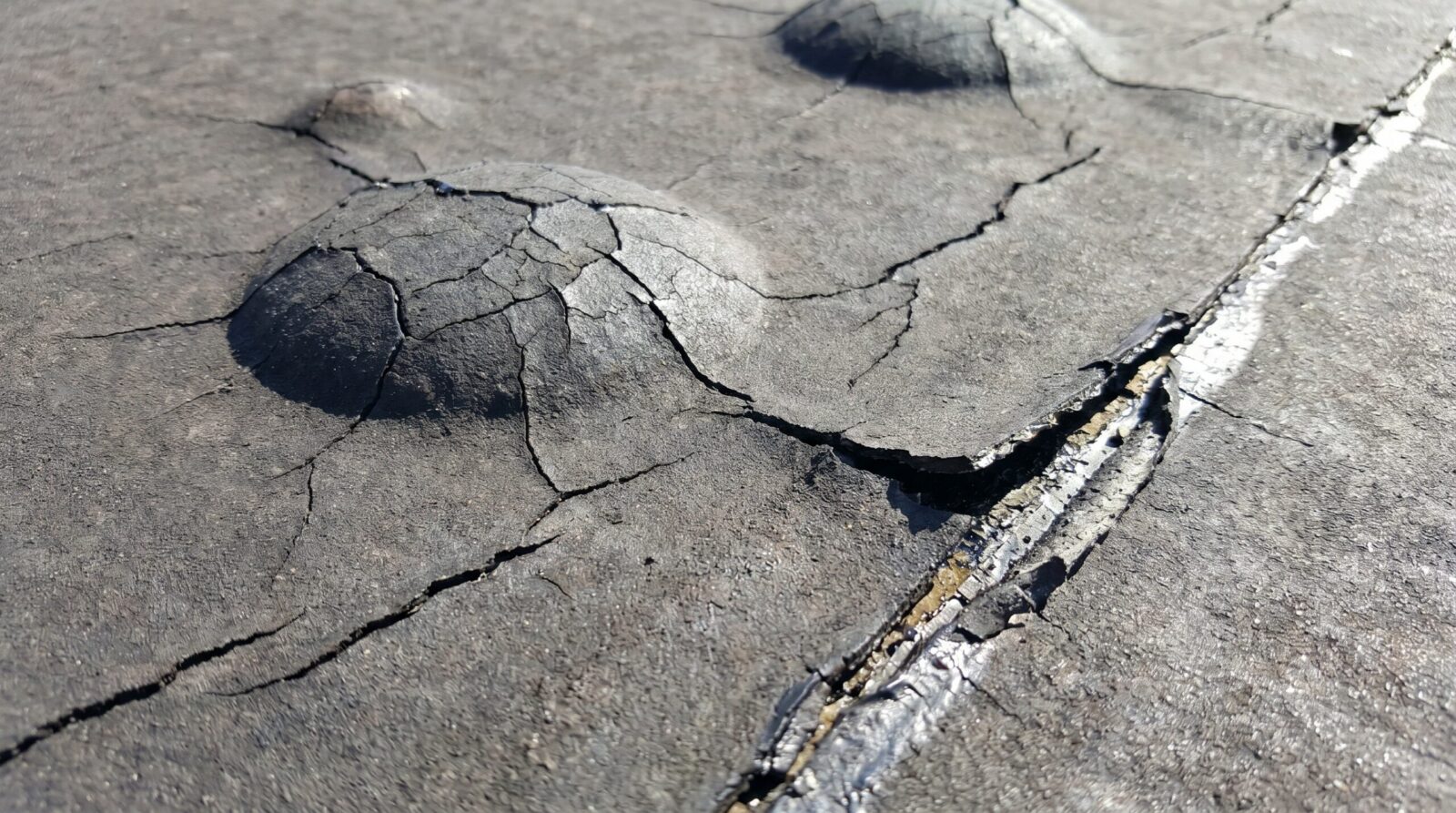 Close-up view of modified bitumen roof showing blisters, cracks and seam separation