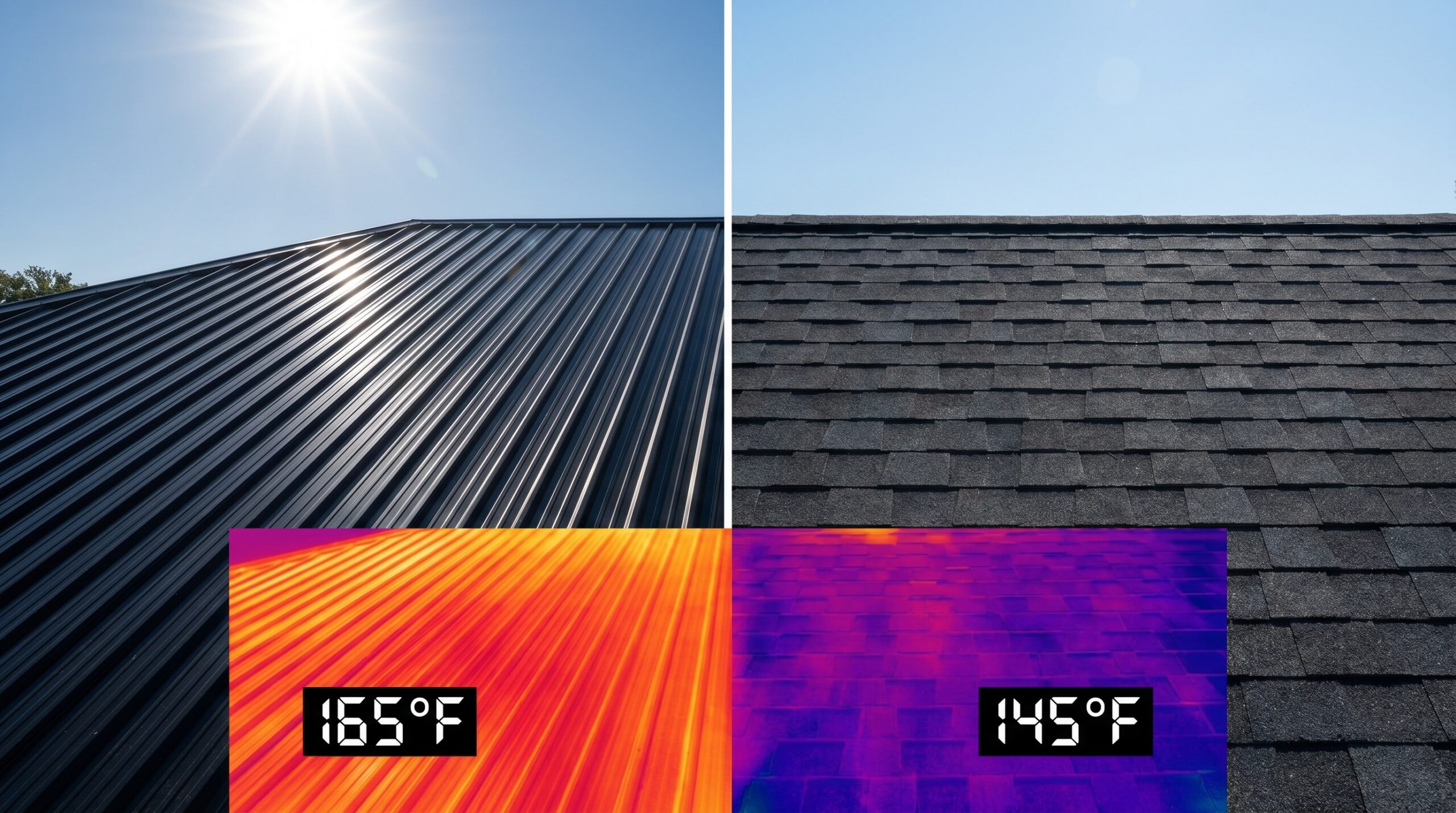 Comparison of black metal roof versus dark asphalt shingles heat absorption