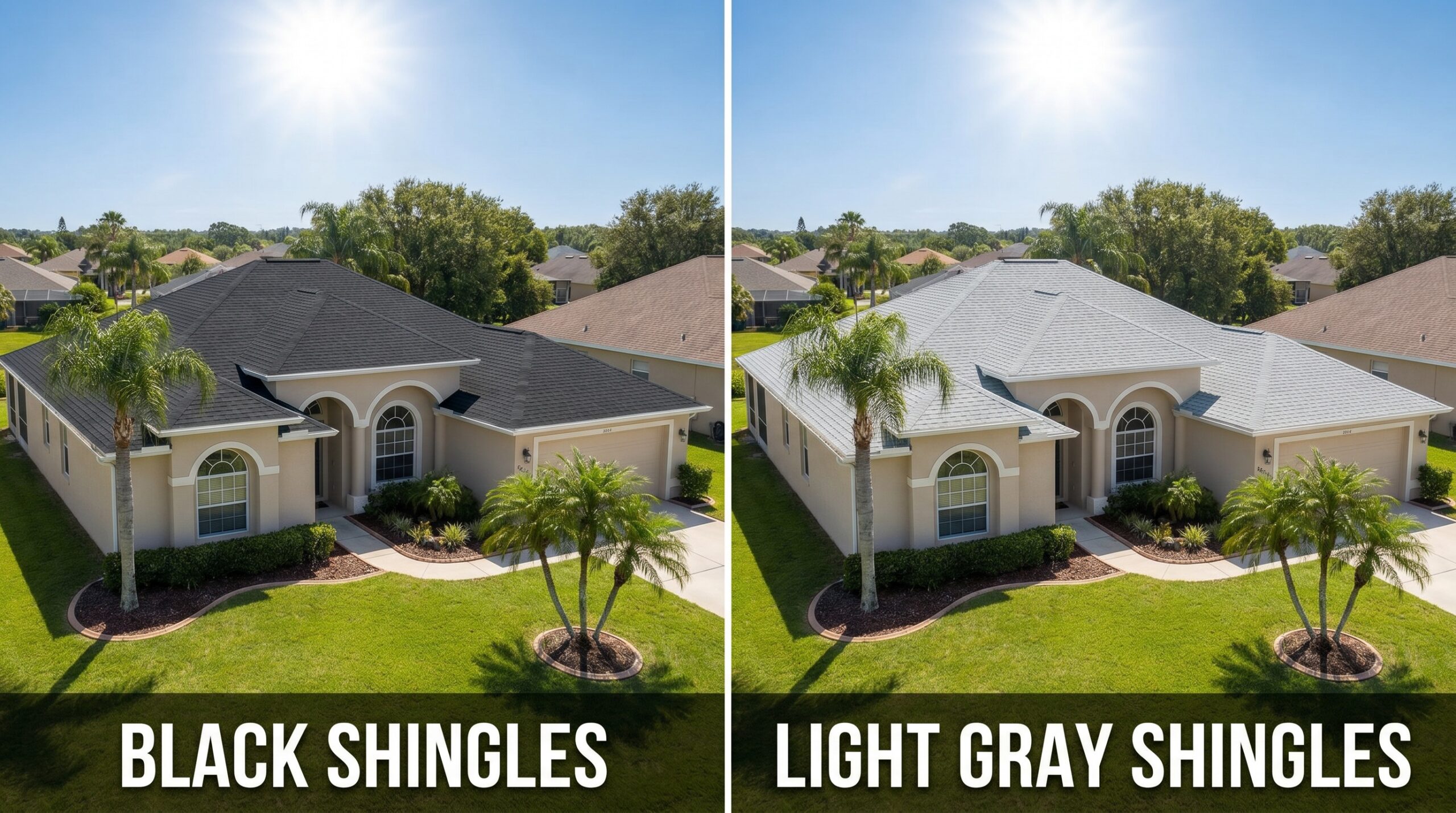 comparison of black vs light gray shingles on similar florida homes