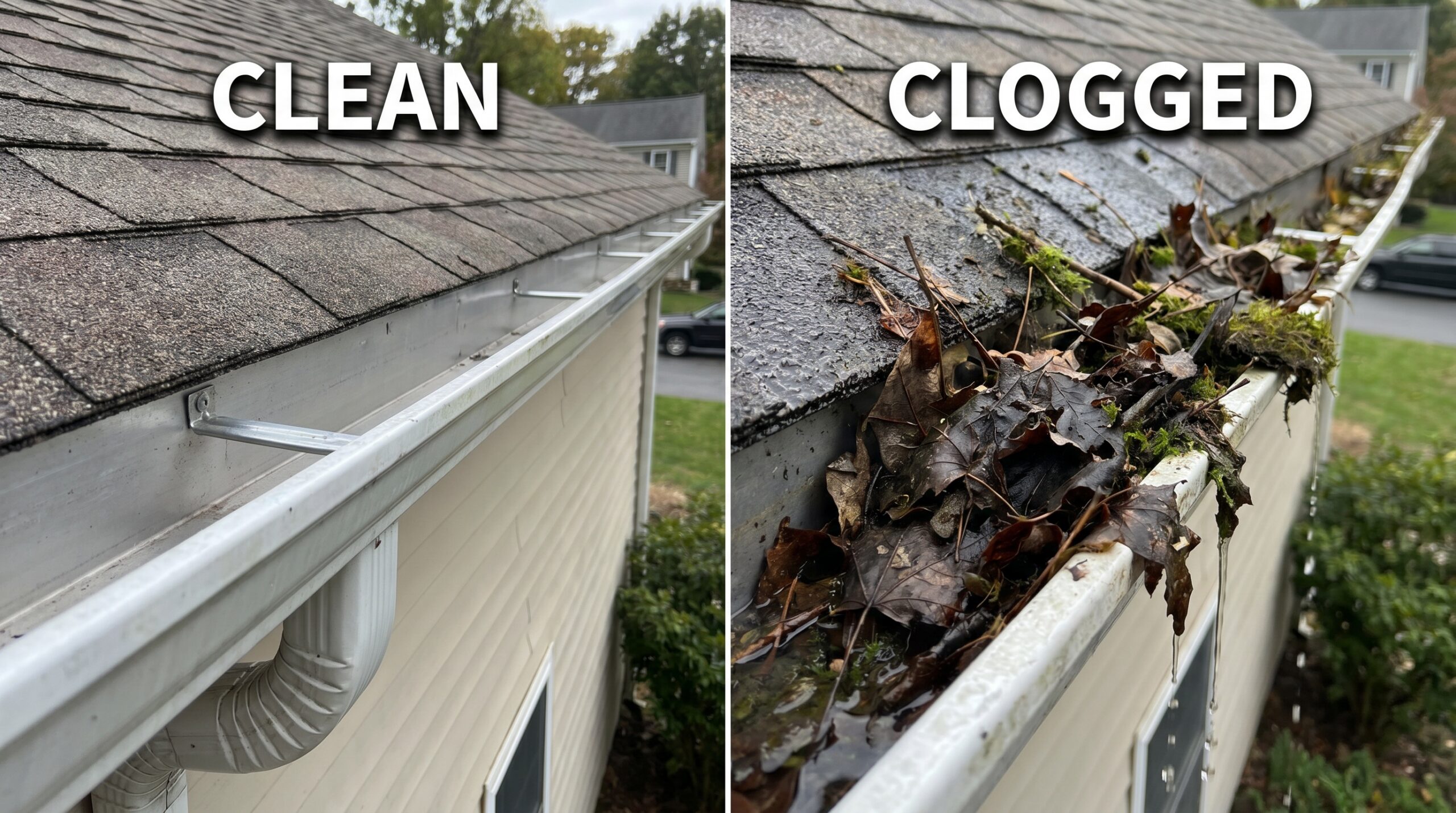 comparison of clean vs clogged gutters showing debris buildup