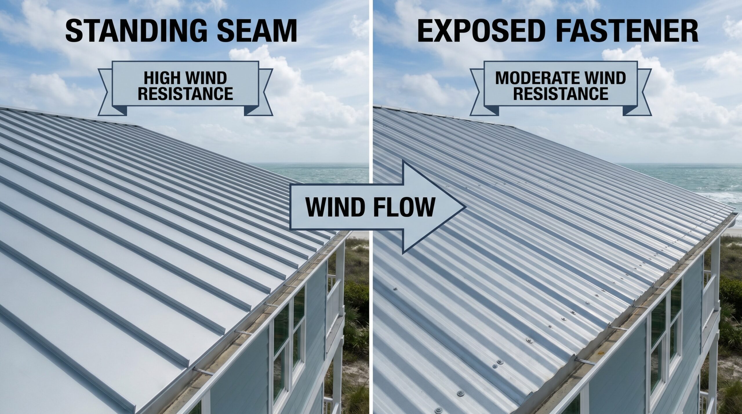 comparison standing seam vs exposed fastener metal roof wind performance