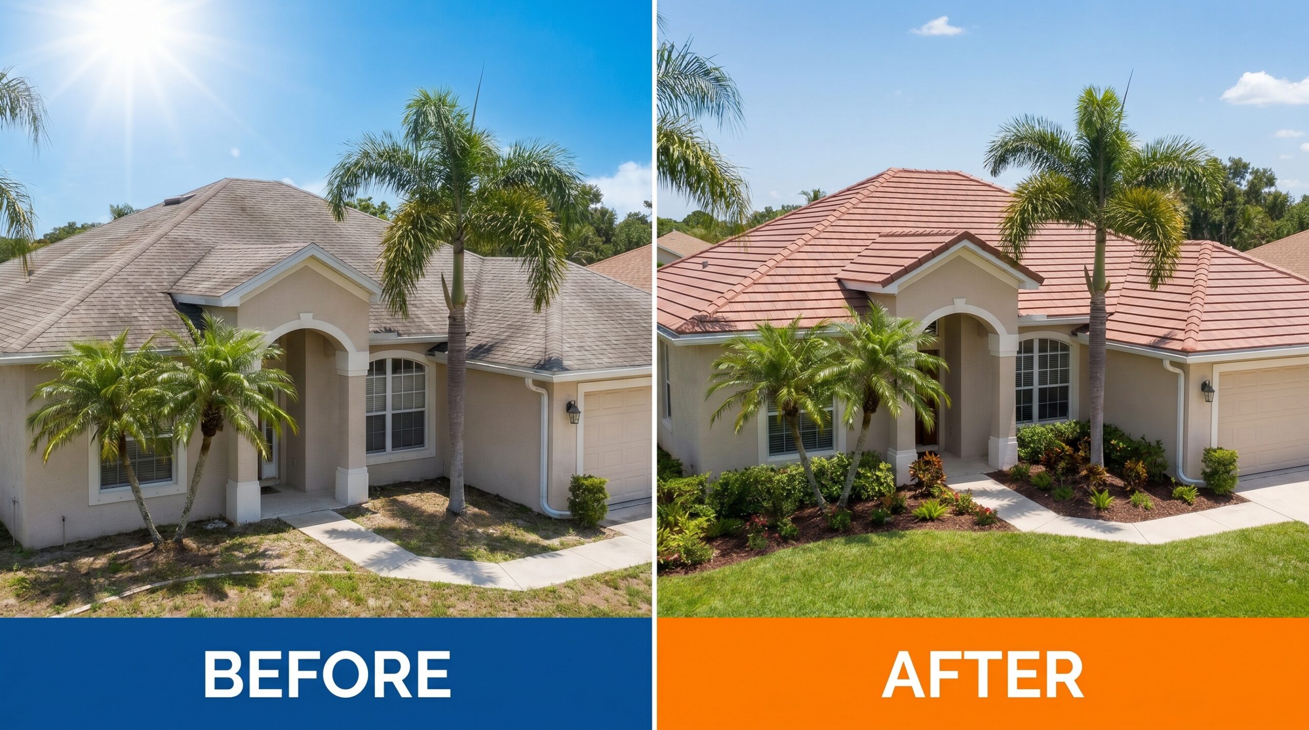 Florida home showing before and after roof replacement with composite tiles