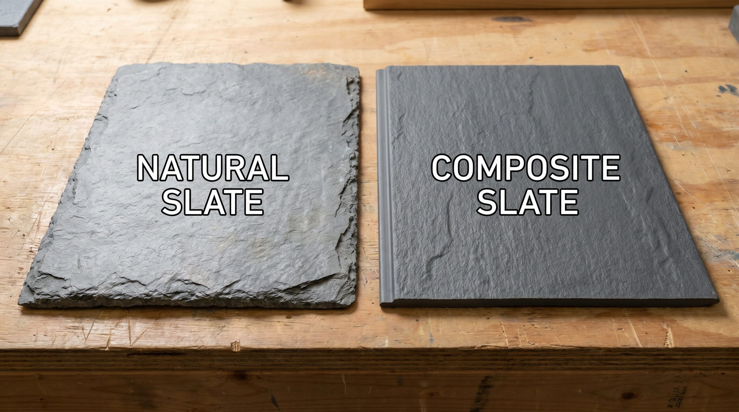 Close-up comparison showing composite slate tile next to natural slate tile
