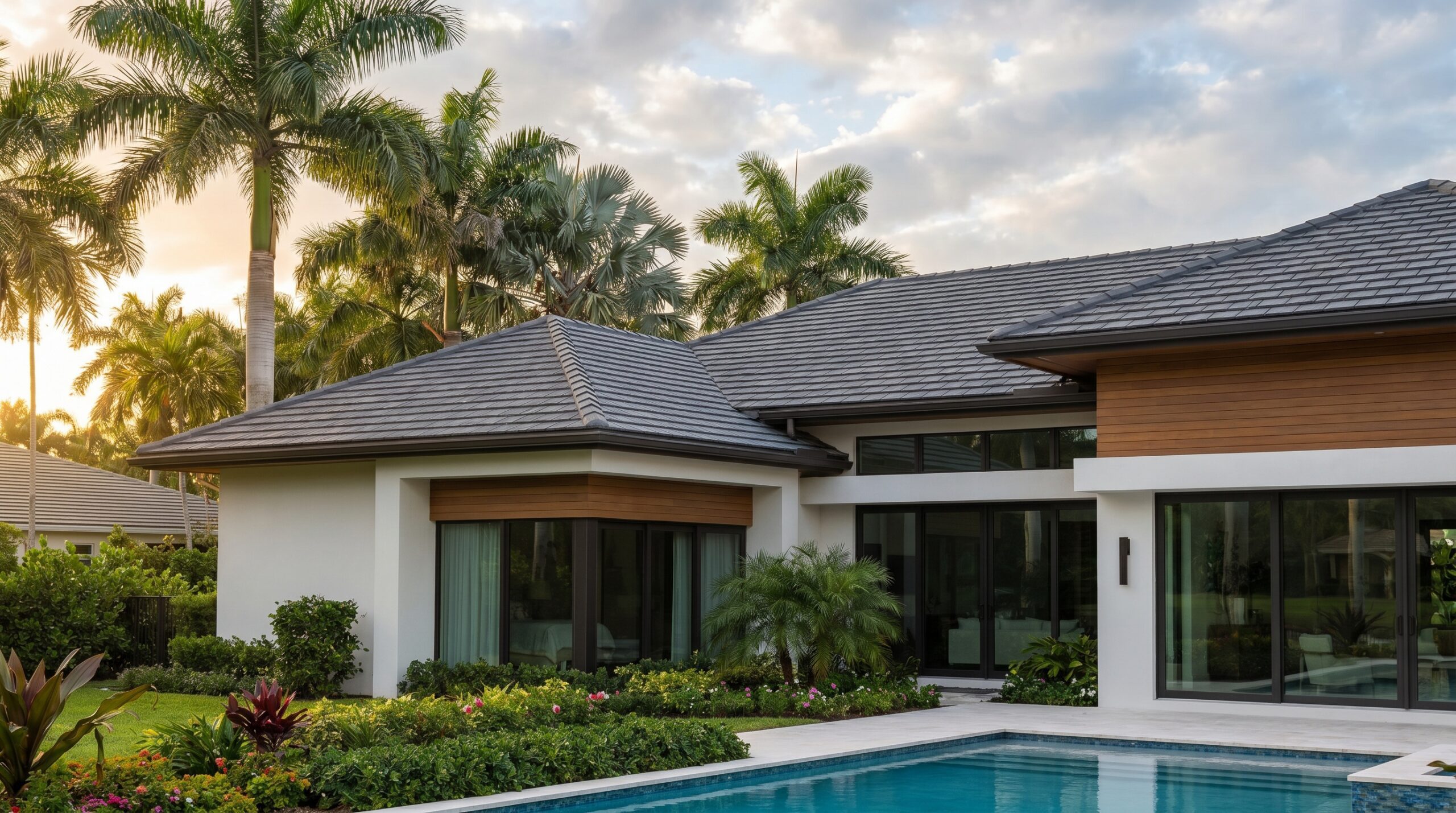 Modern single-story house with large windows and a pool in the backyard, surrounded by lush green palm trees and tropical landscaping under a partly cloudy sky at sunset.