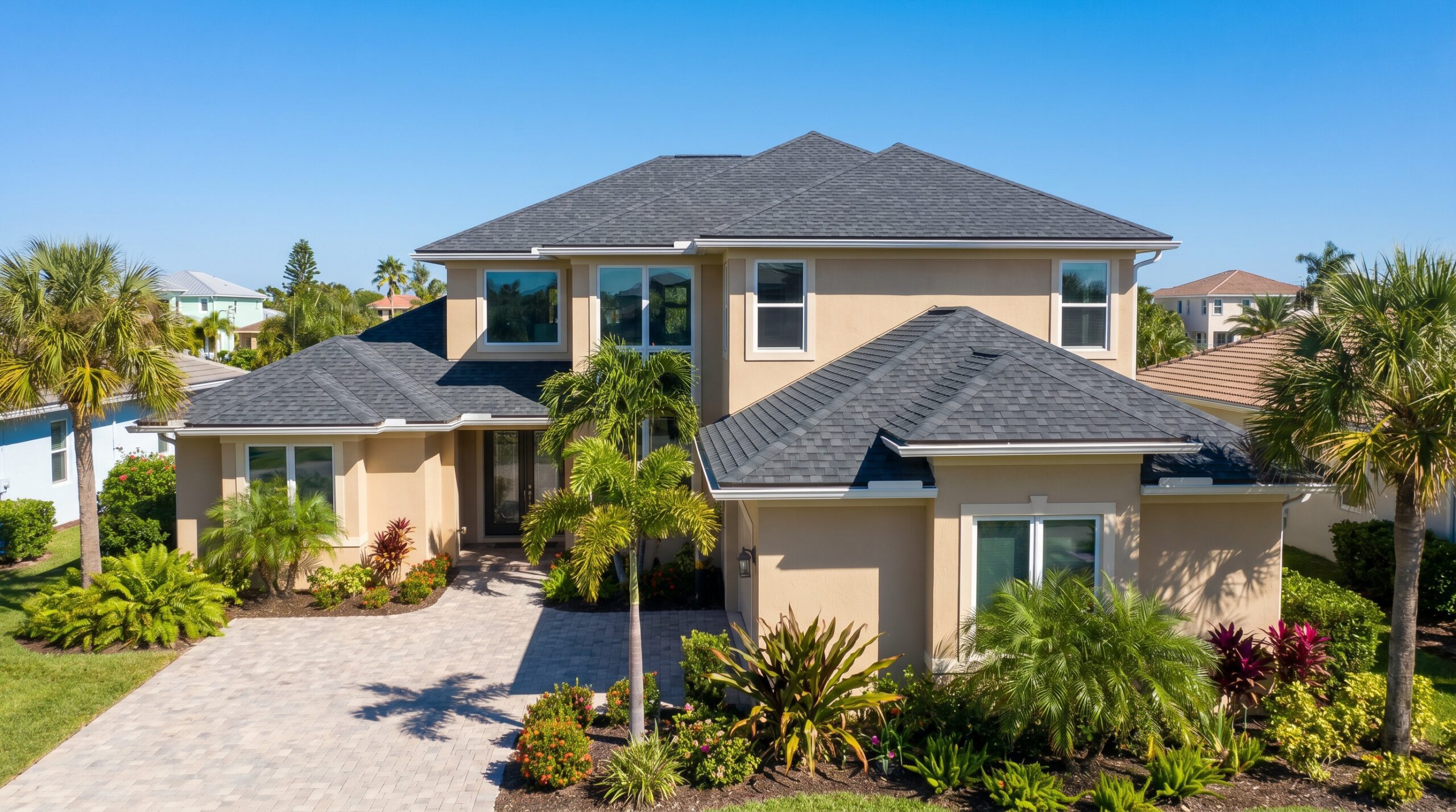 A two-story beige house with dark gray roof, surrounded by lush tropical landscaping and palm trees, sits under a clear blue sky with a paved driveway leading to the entrance.