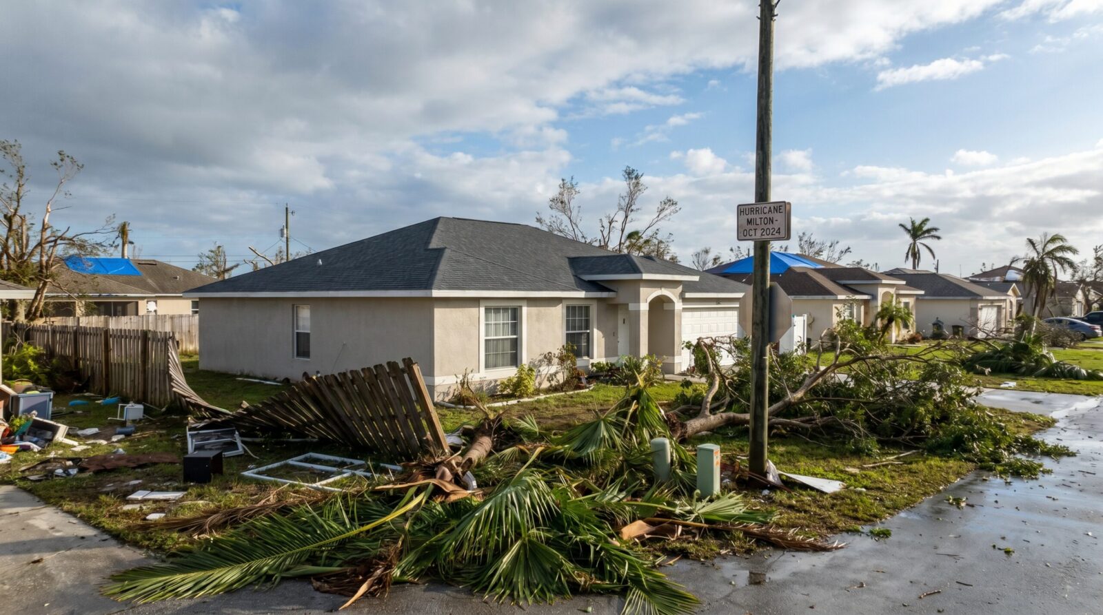 Florida home after hurricane showing intact composition roof versus damaged neighboring roofs