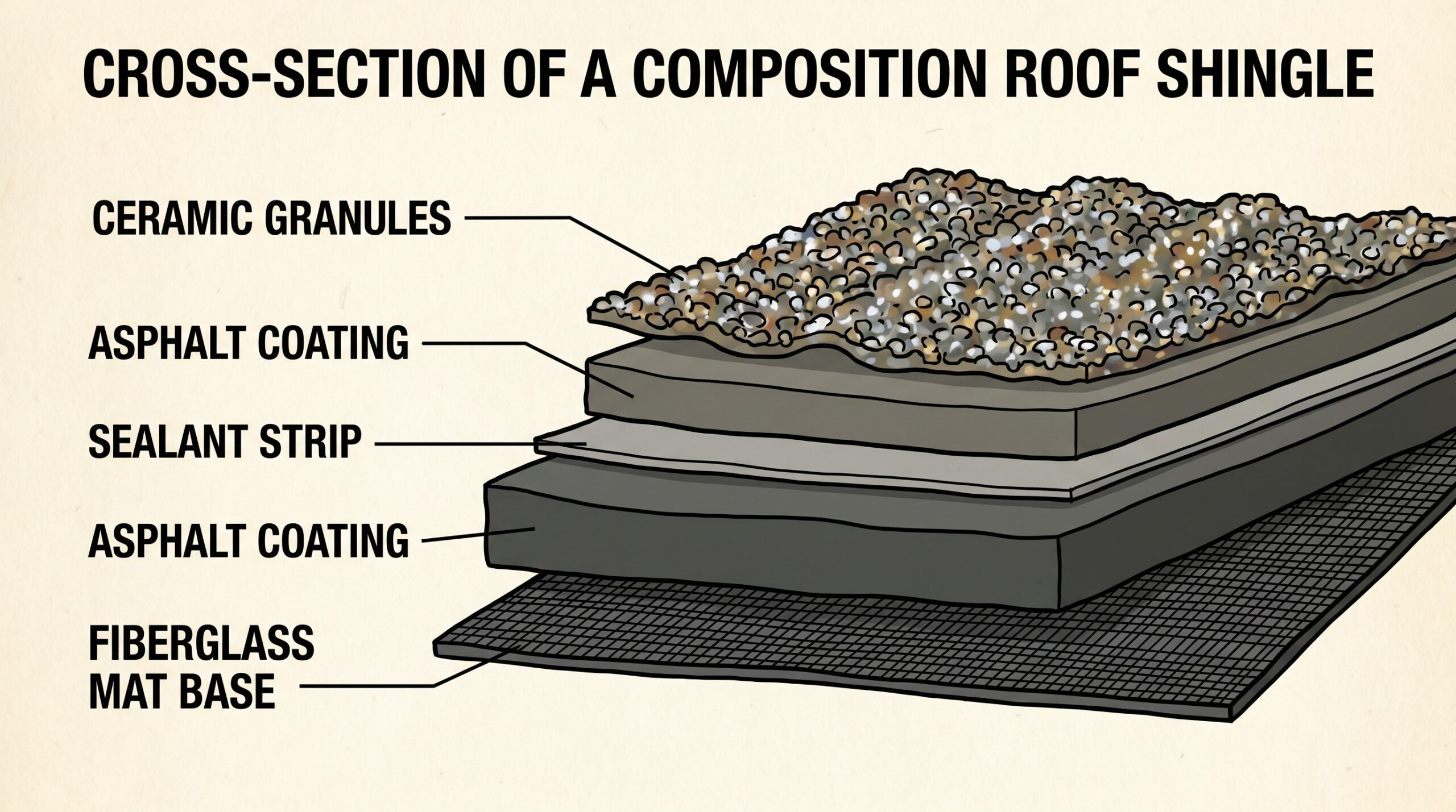 Close-up cross-section of composition shingle showing layers of fiberglass, asphalt, and granules