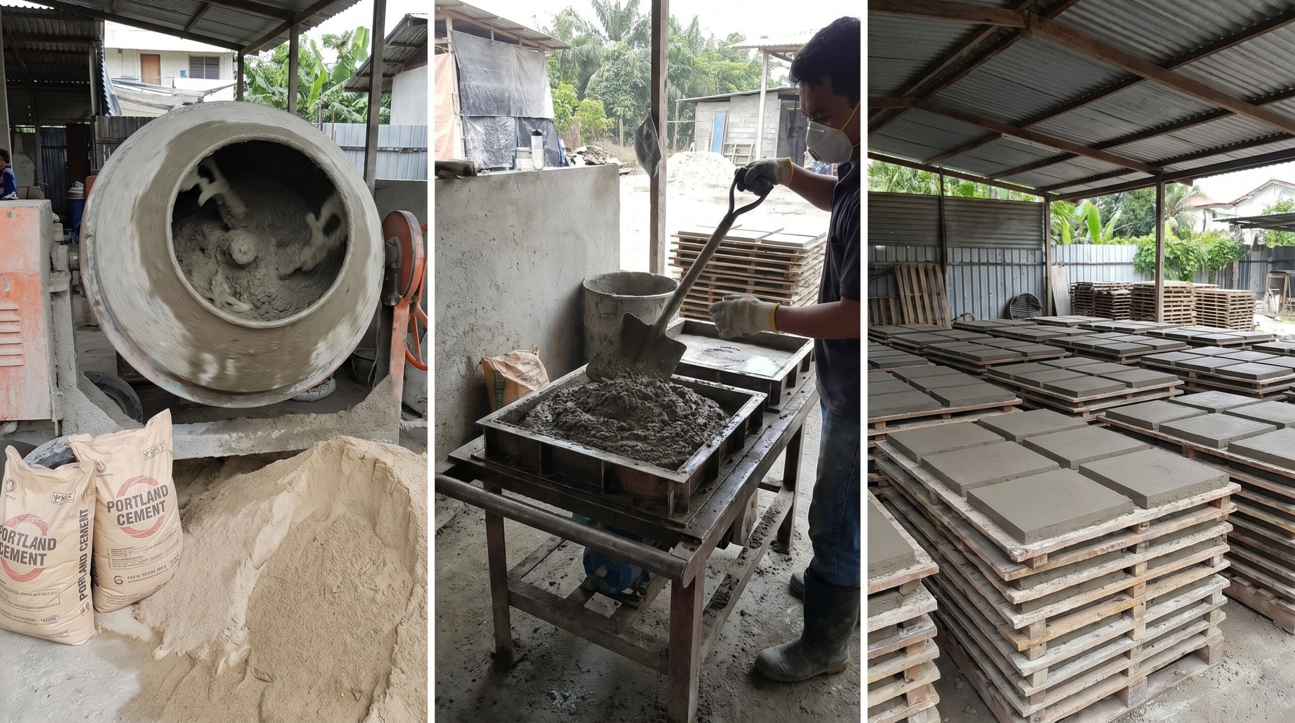 concrete tile manufacturing process showing sand cement water mixture