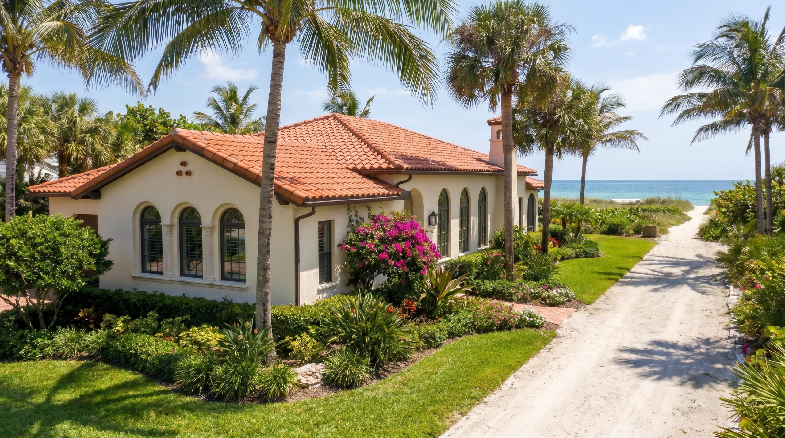 Mediterranean-style house with red tile roof, arched windows, and lush tropical landscaping, situated near a sandy path leading to the ocean. Palm trees and blue sky are visible in the background.