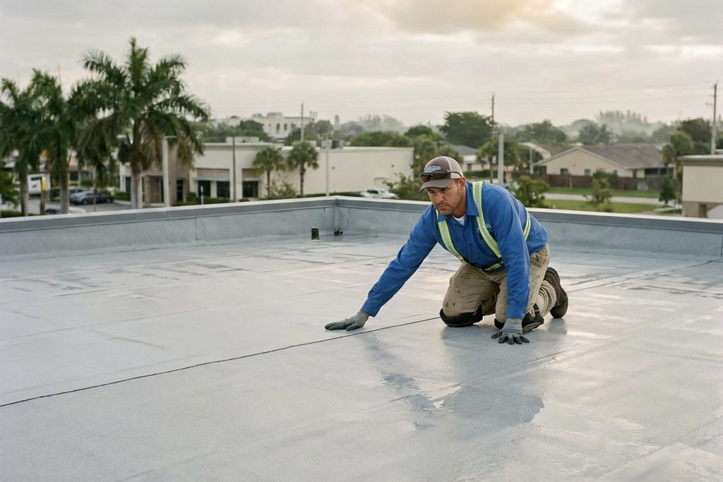 A man wearing a blue shirt, safety vest, gloves, and a cap kneels and works on a flat rooftop. Palm trees, buildings, and a cloudy sky are visible in the background.