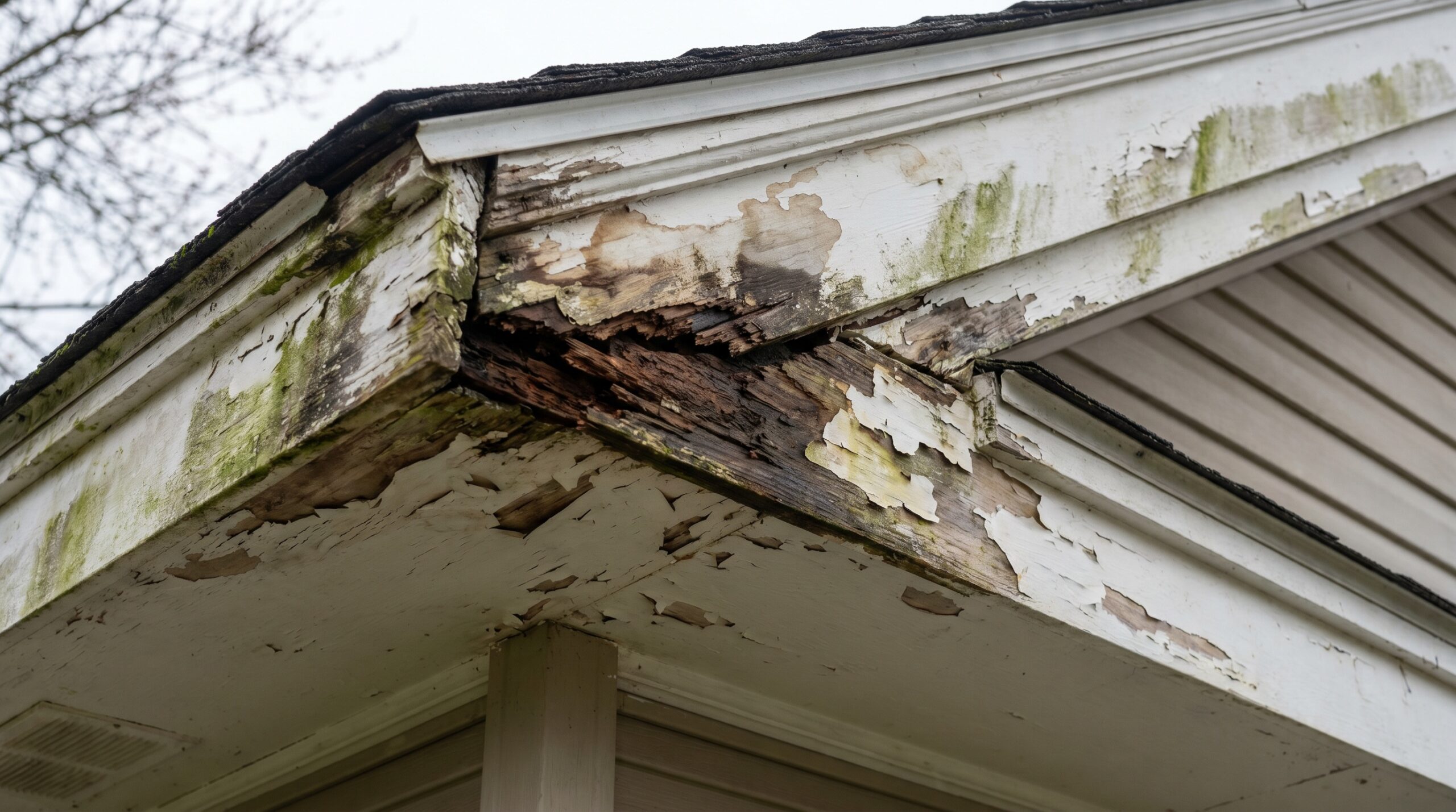 A close-up of a house’s fascia and soffit shows severe wood rot, peeling paint, and patches of mold and mildew, indicating significant water damage and lack of maintenance.