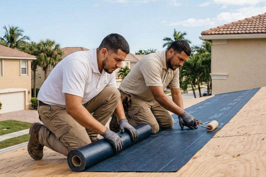 Two men in work clothes and gloves kneel on a rooftop, unrolling and positioning black roofing material on a wooden surface under a sunny sky, with residential houses and palm trees in the background.