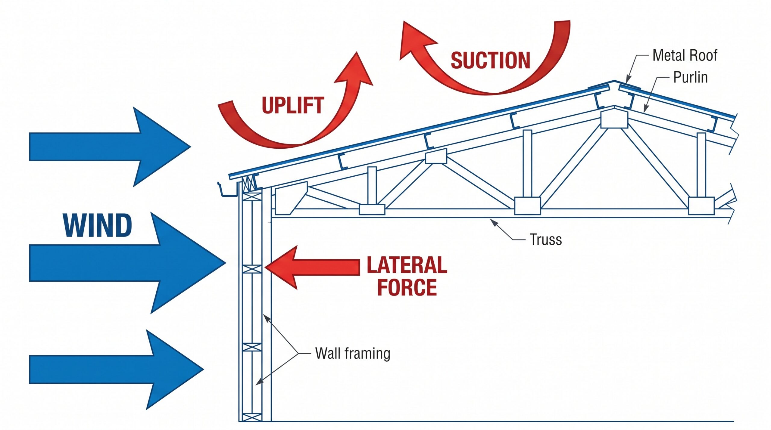 diagram showing wind forces on metal roof uplift lateral suction