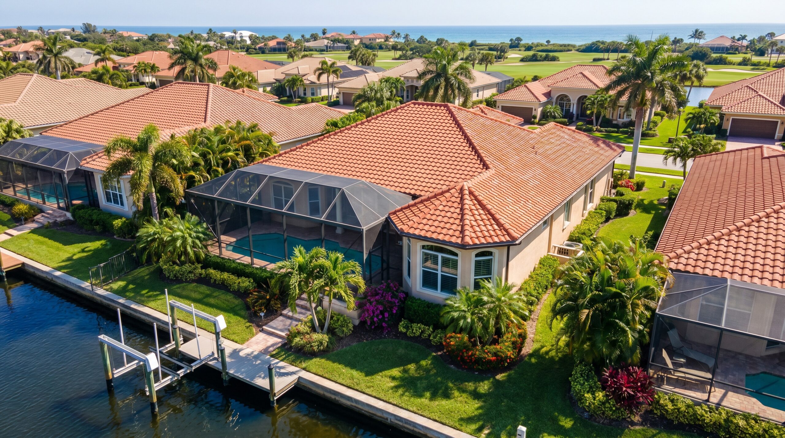Aerial view of a waterfront neighborhood with large, red-roofed homes, screened-in pools, lush palm trees, and docks along a calm canal, with the ocean visible in the background.