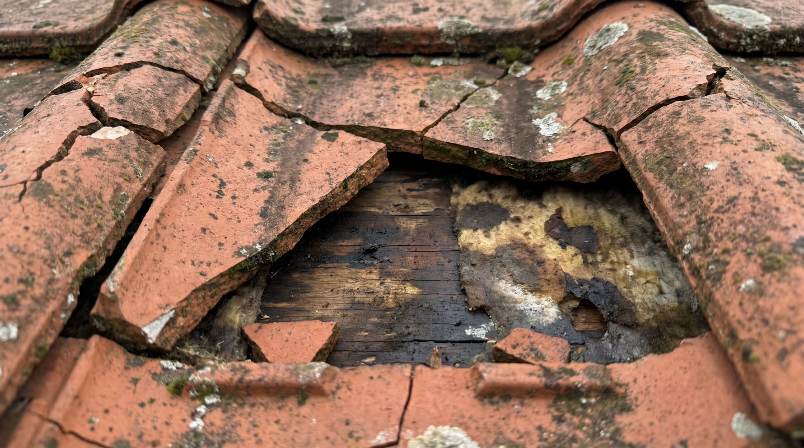 Close up of cracked clay roof tile with water damage visible underneath