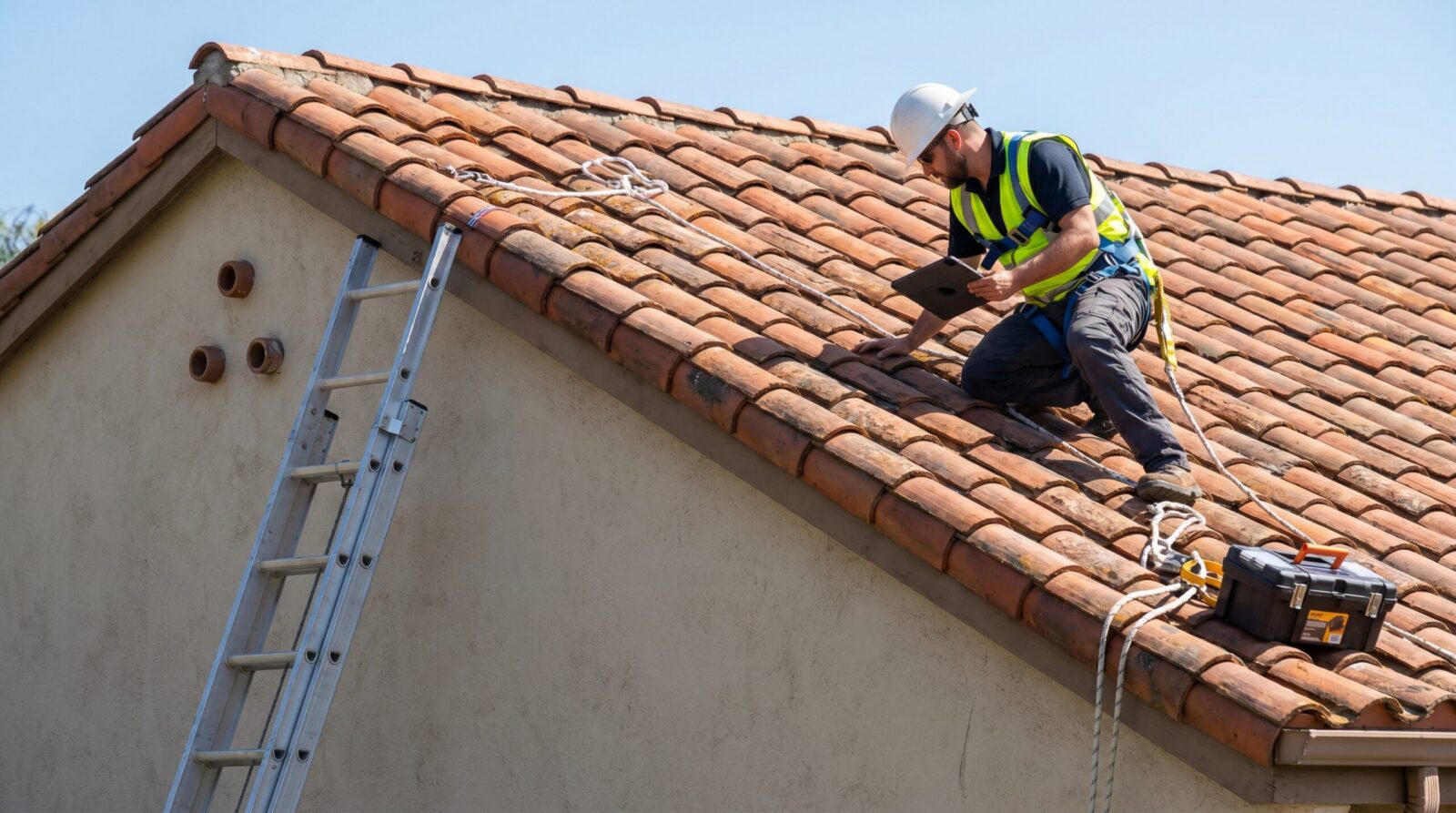 Professional roofer in safety gear inspecting Spanish tile roof with ladder and equipment
