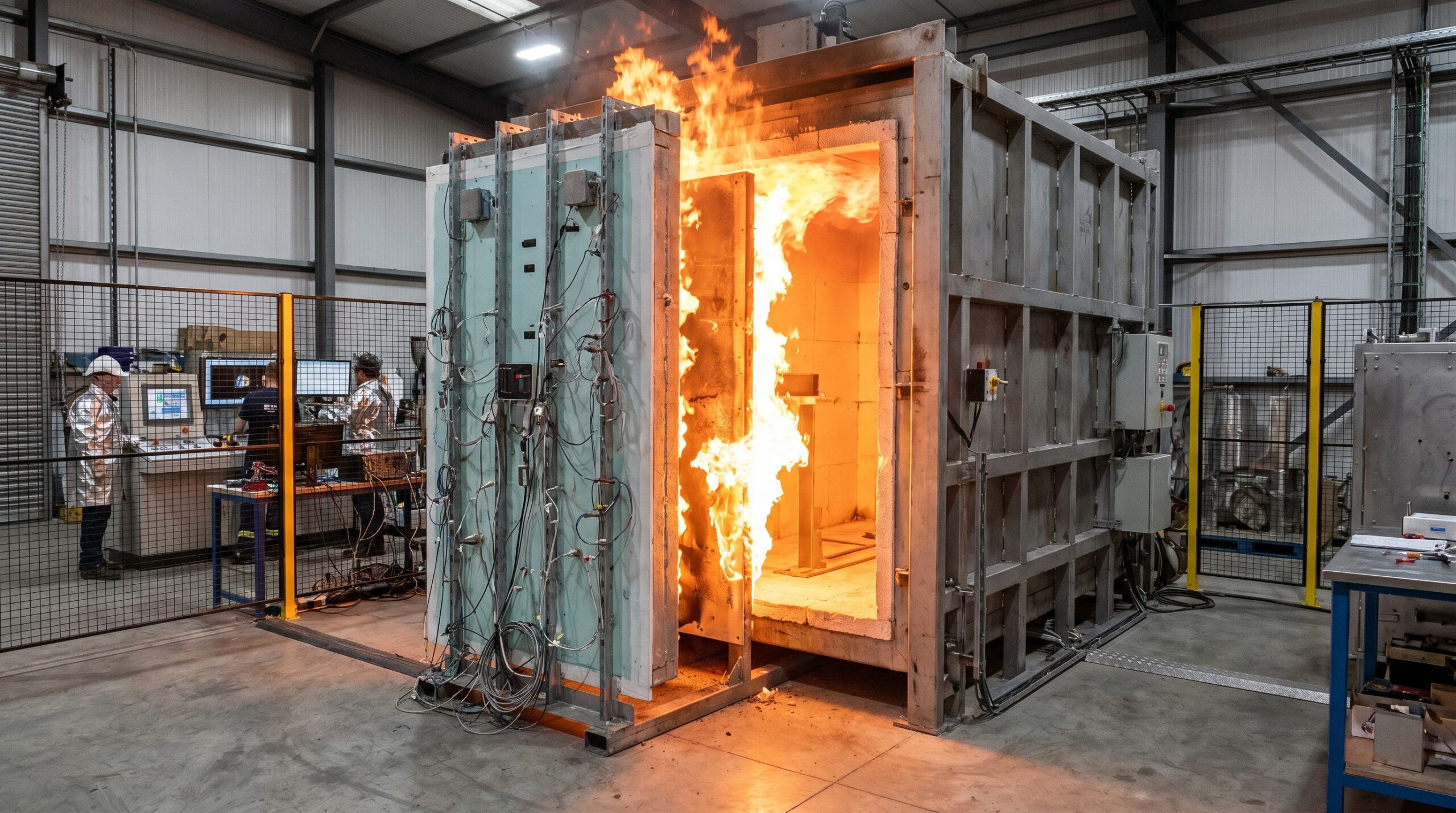 Fire test laboratory showing wall assembly under standard fire exposure