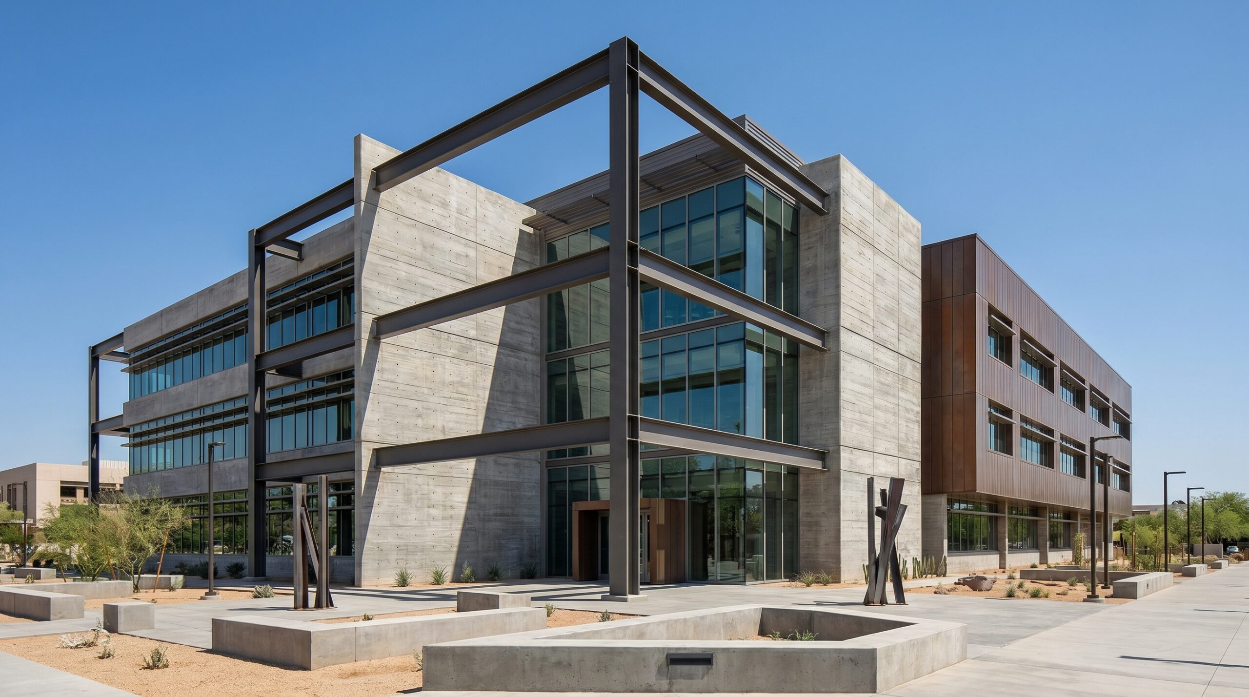 Modern building with concrete and glass walls, large metal beams forming geometric shapes in front, and desert landscaping with small plants and pathways under a clear blue sky.