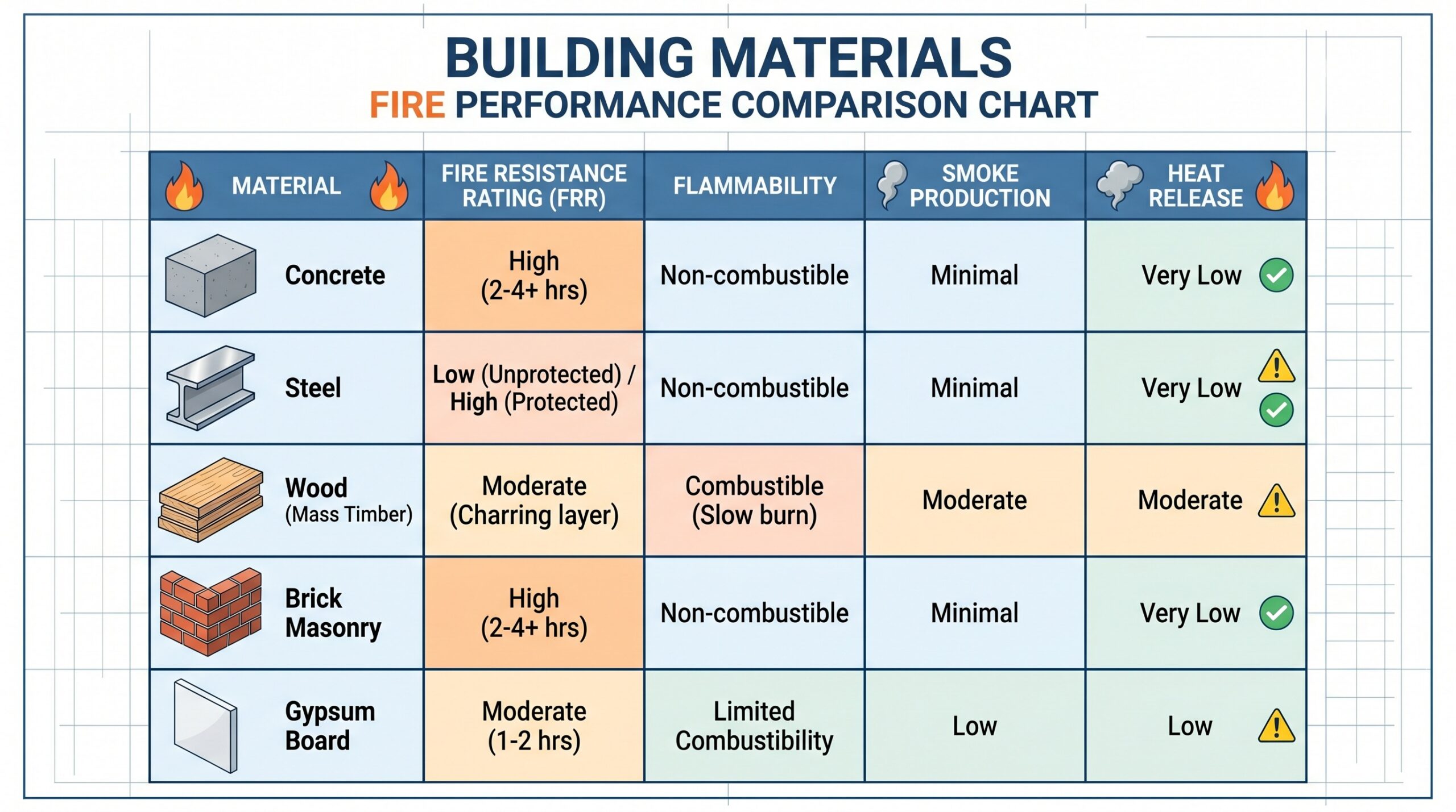 Comparison chart showing different building materials fire performance