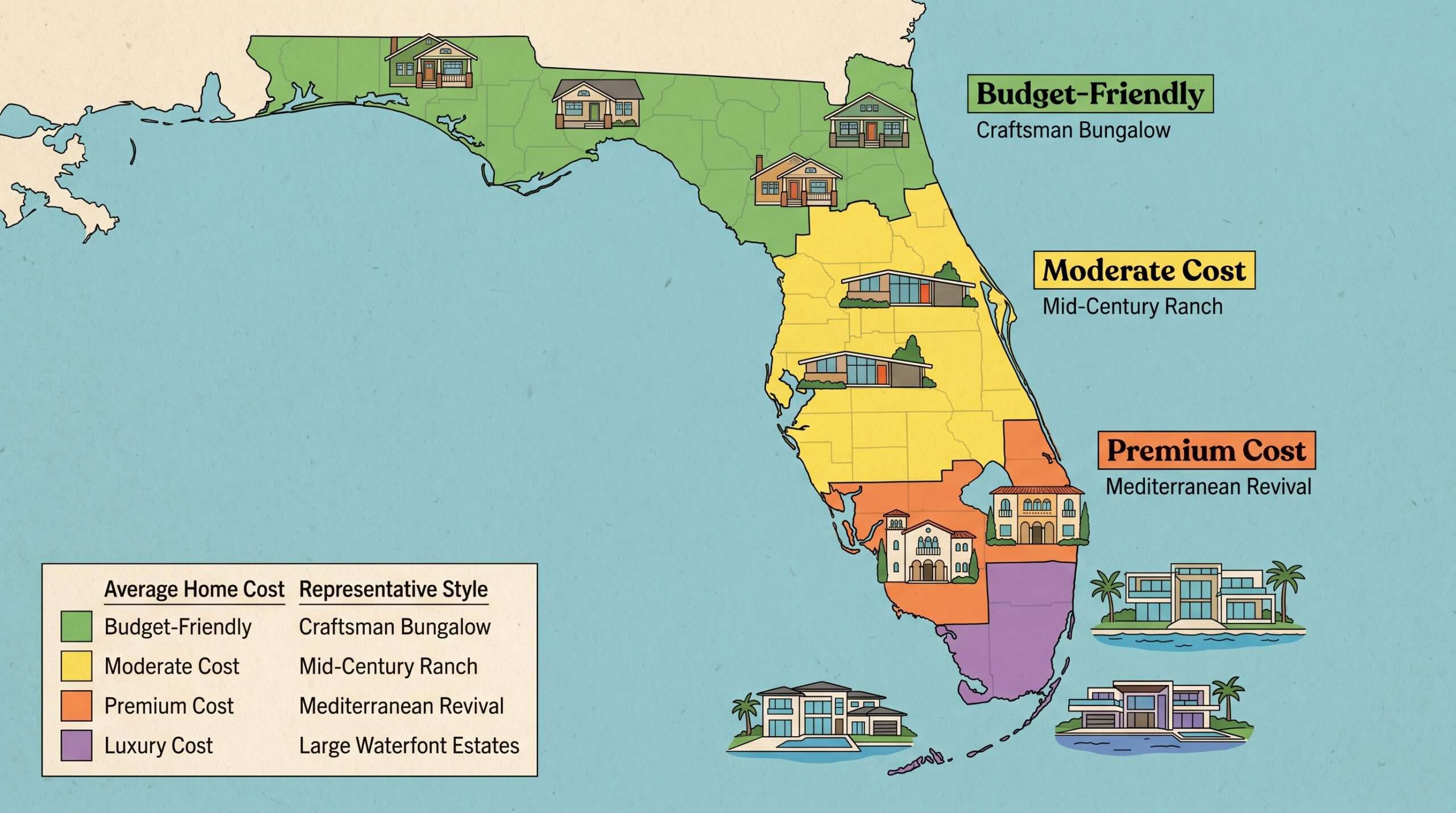 Map of Florida showing different cost regions with representative home styles