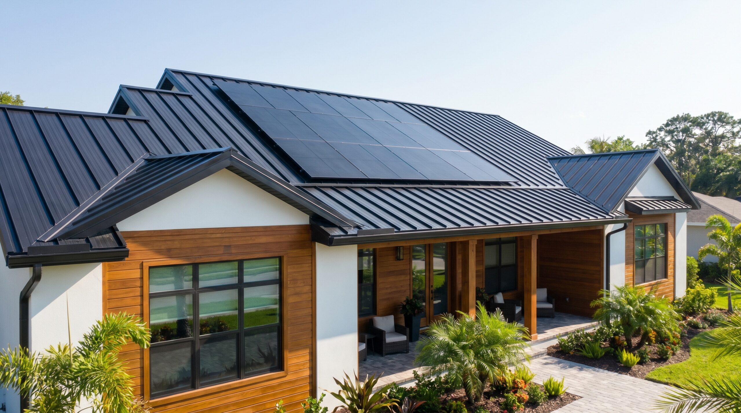 Florida home with black metal roof and solar panels showing aesthetic integration