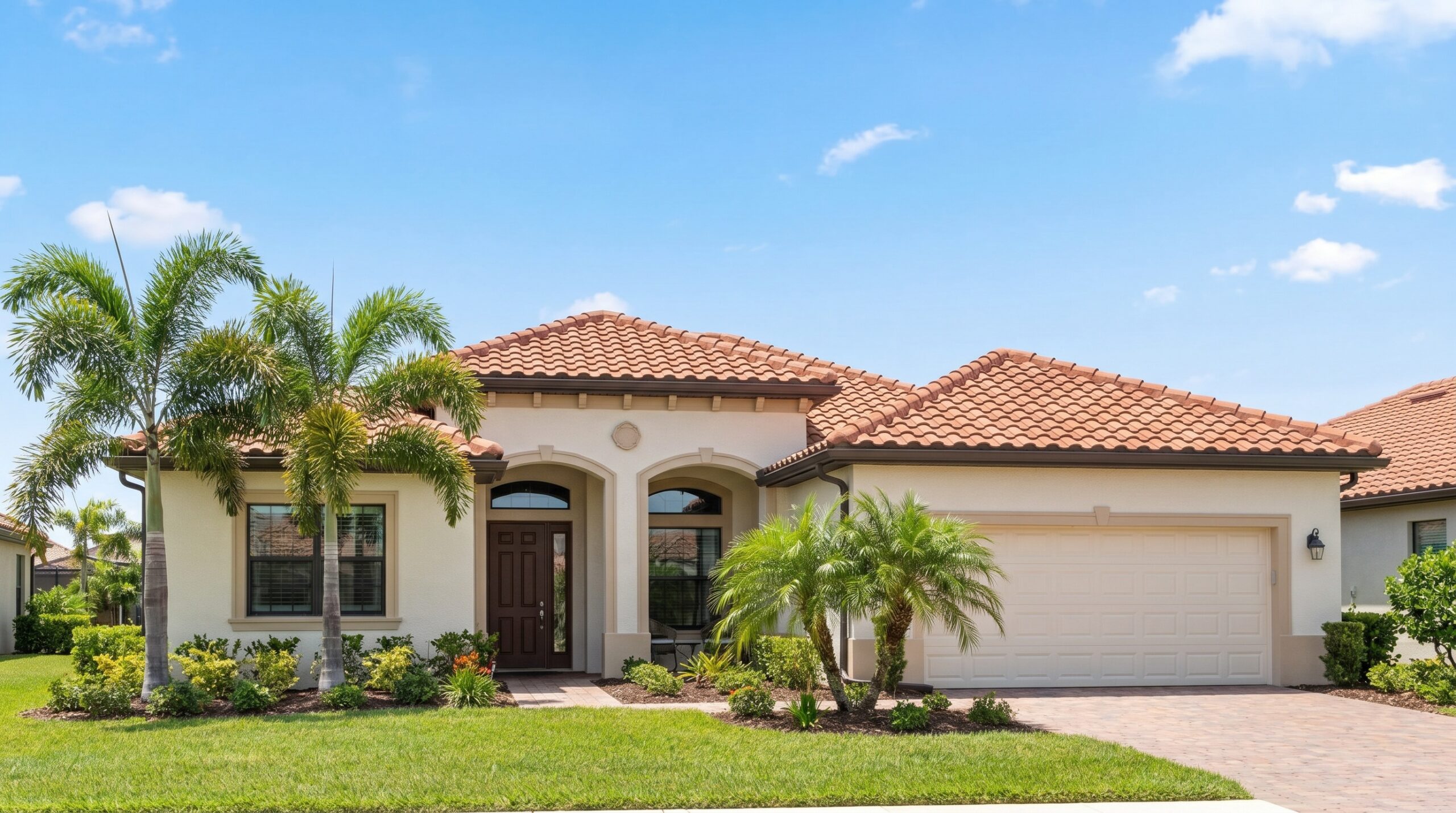 Single-story house with a red-tiled roof, cream-colored walls, brown front door, and a double garage. Palm trees and green lawn are in the front yard under a blue sky with clouds.