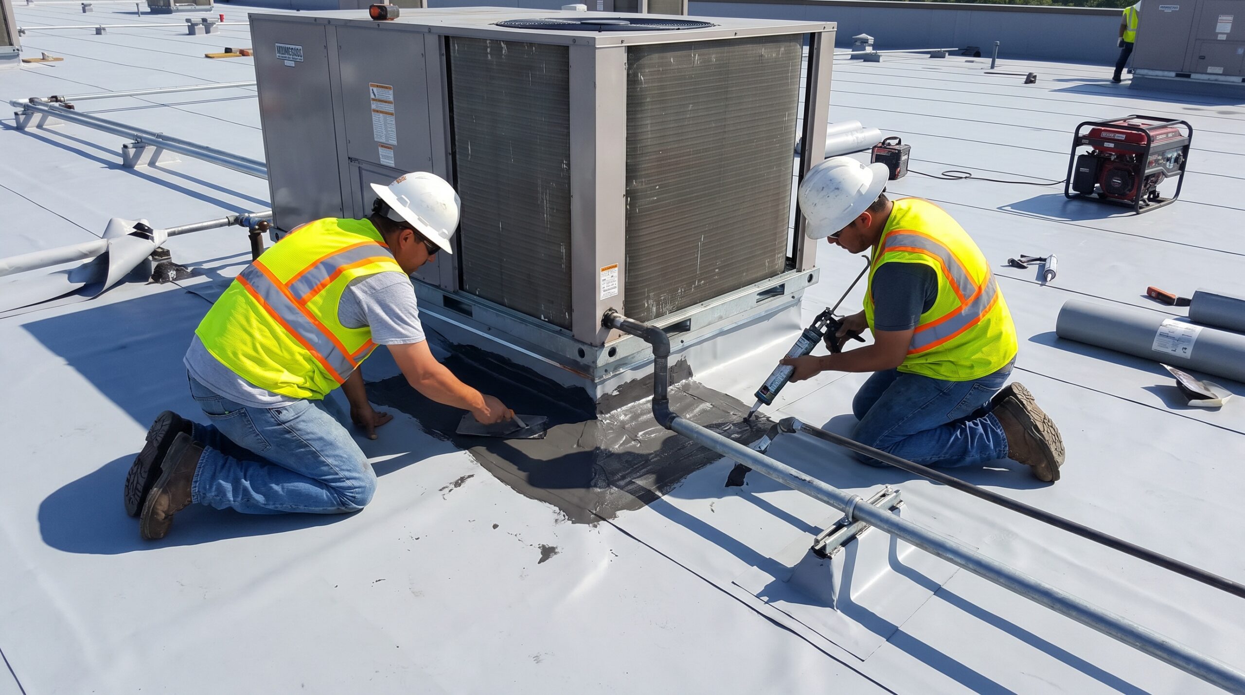 Roofers sealing HVAC penetrations on membrane roof