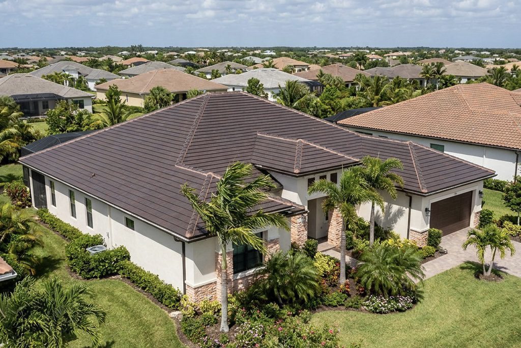 Aerial view of a modern, single-story house with a dark brown roof, light exterior walls, and a landscaped yard with palm trees, surrounded by similar homes in a suburban neighborhood.