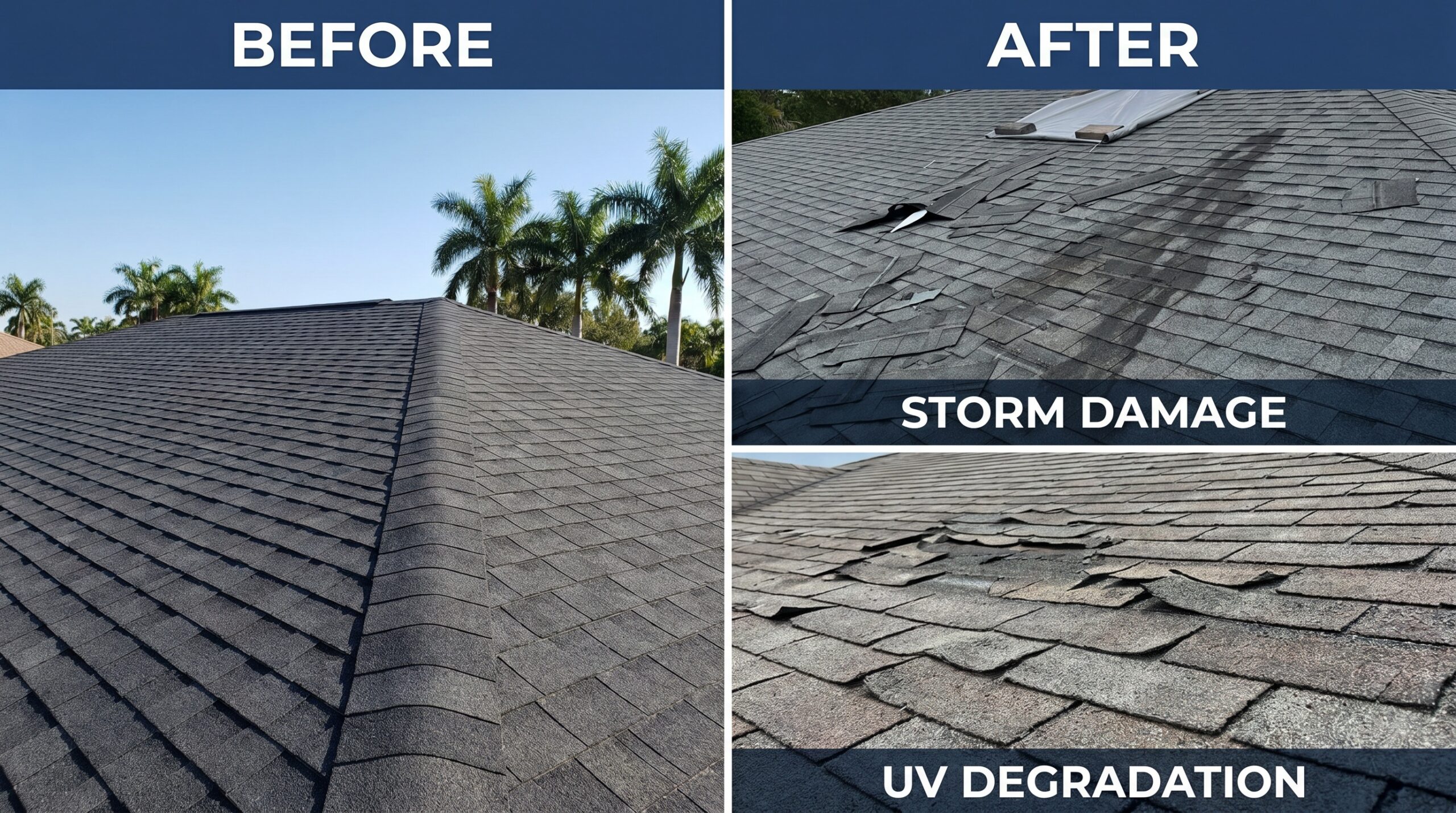 Before and after photos showing storm damage and UV degradation on Florida roofs