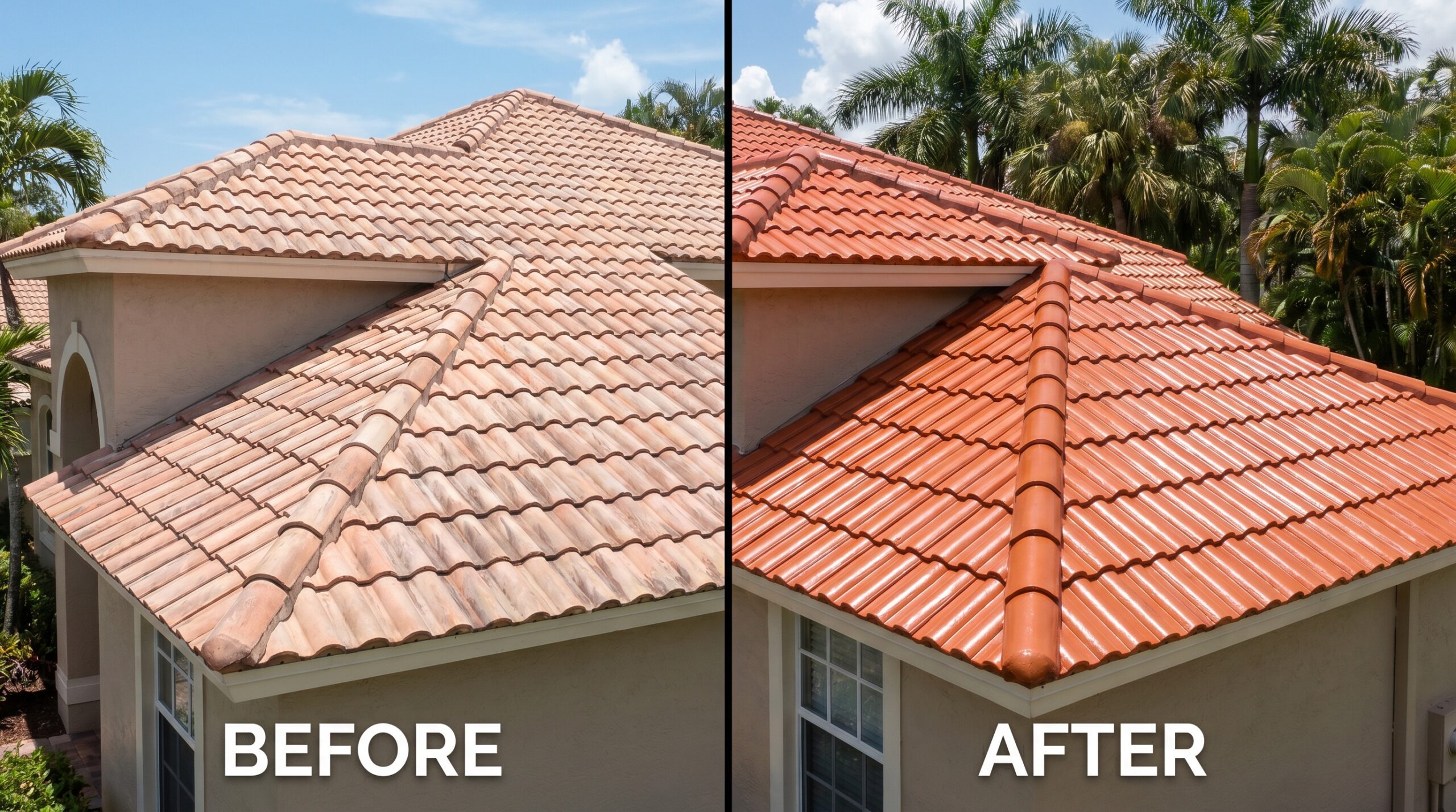 Split image of a house roof; left side labeled "BEFORE" shows faded, dirty tiles, while right side labeled "AFTER" shows clean, vibrant, freshly-restored tiles. Palm trees and blue sky are visible in the background.