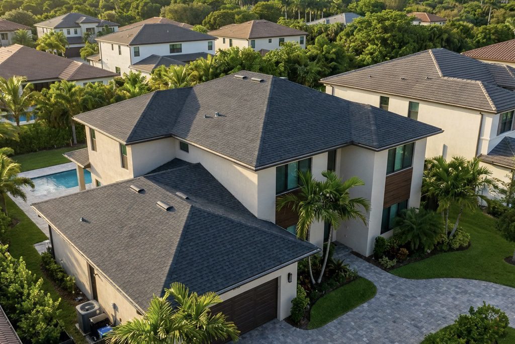 Aerial view of a modern two-story house with a dark gray roof, light exterior walls, a driveway, and a backyard pool, surrounded by palm trees and neighboring homes in a lush, green residential area.