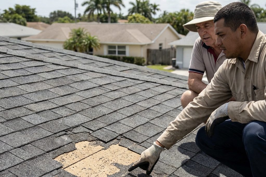 Two men on a house roof inspect missing and damaged shingles; one man points to the area needing repair, while the other observes. Suburban houses and palm trees are visible in the background.
