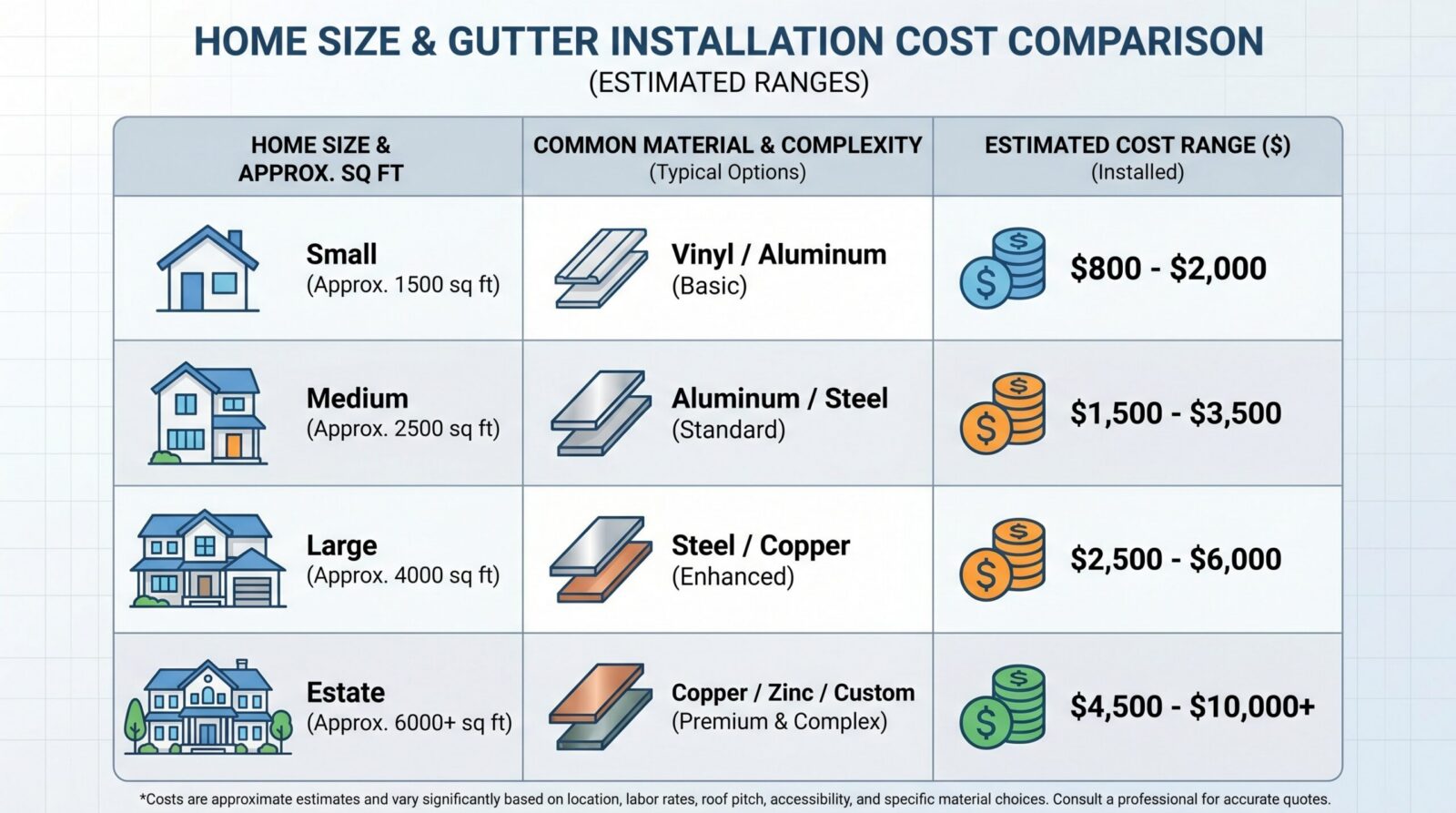 Comparison chart showing different home sizes and their corresponding gutter installation costs
