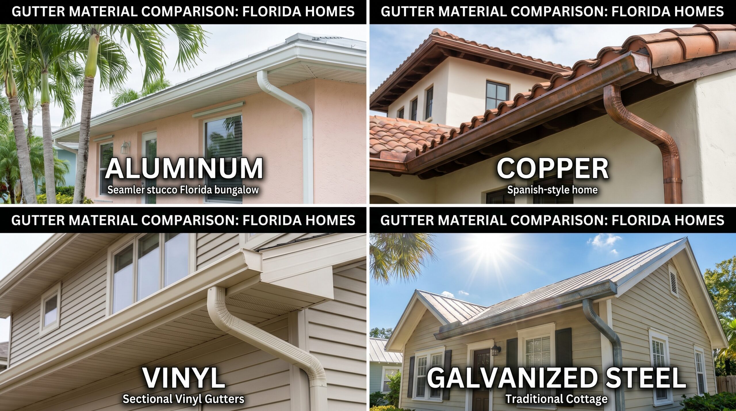 Side-by-side comparison of different gutter materials installed on Florida homes