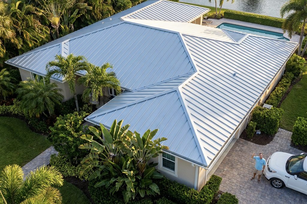 Aerial view of a house with a silver metal roof, surrounded by lush palm trees and greenery. A person stands in the driveway near a white car, with a pool and water visible in the background.