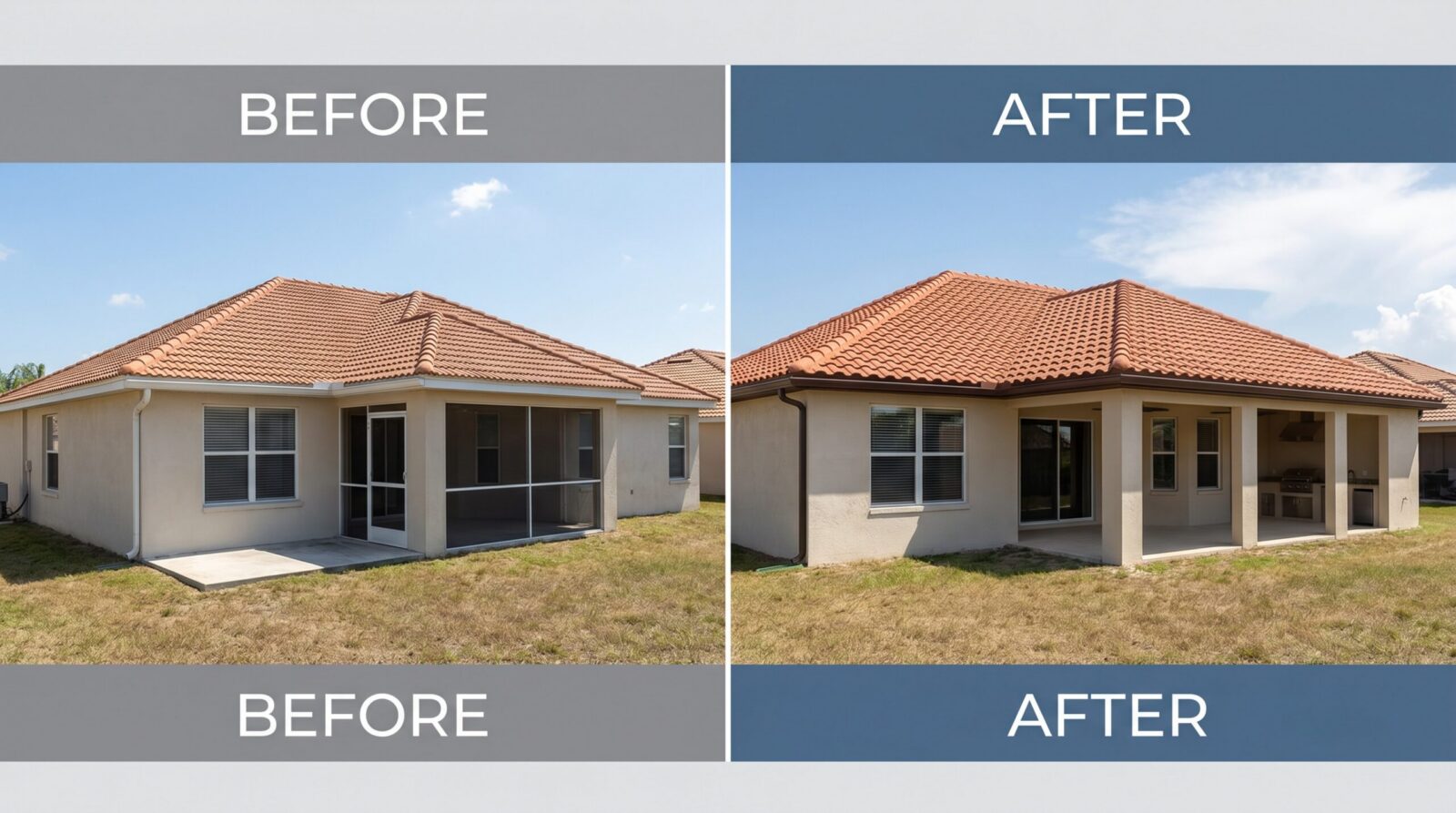 Before and after photos showing seamless roof extension integration on Florida home
