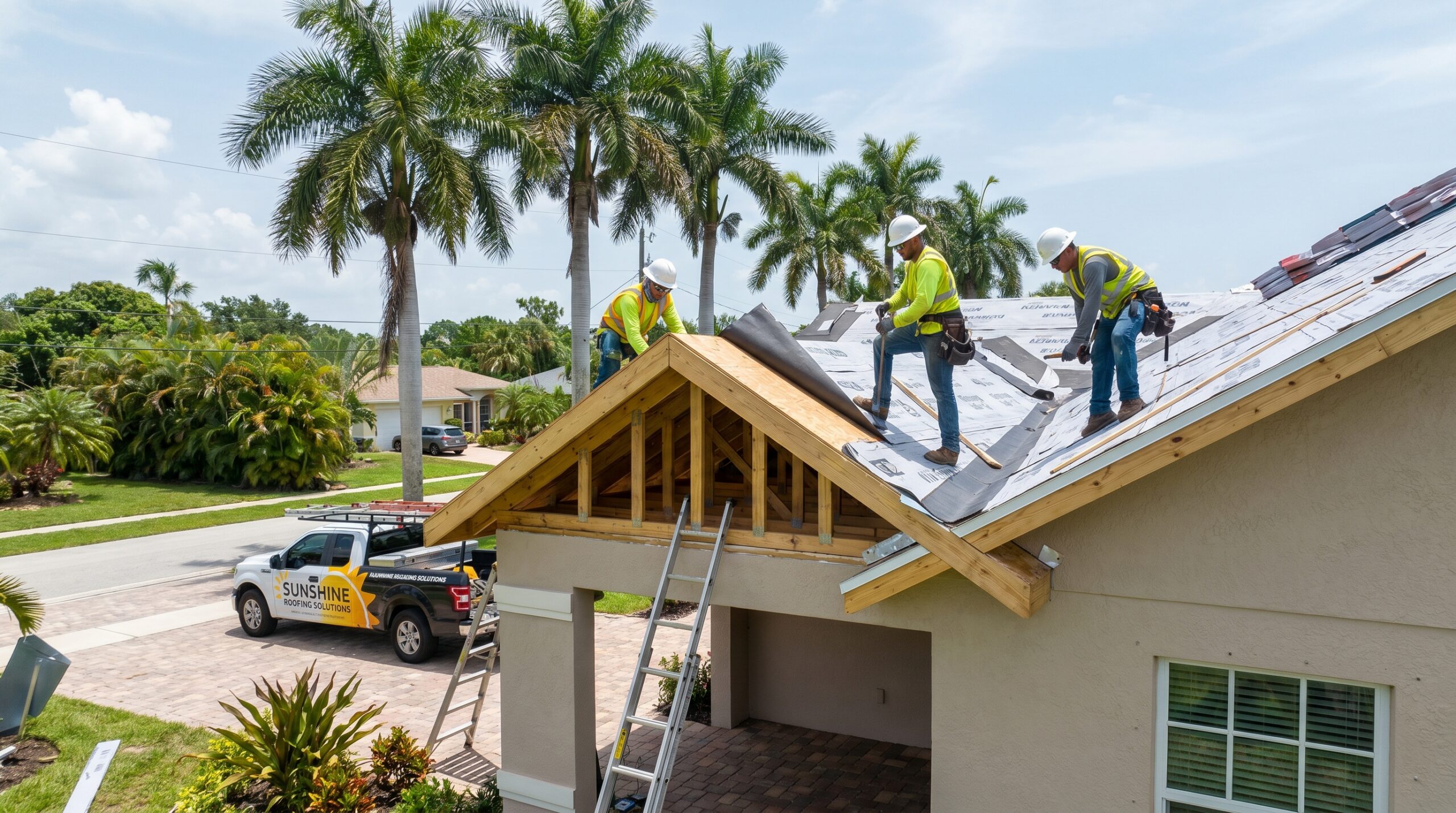 Three construction workers in safety gear install roofing materials on a house under a sunny sky, with palm trees and a pickup truck labeled "Sunshine" in the driveway below.