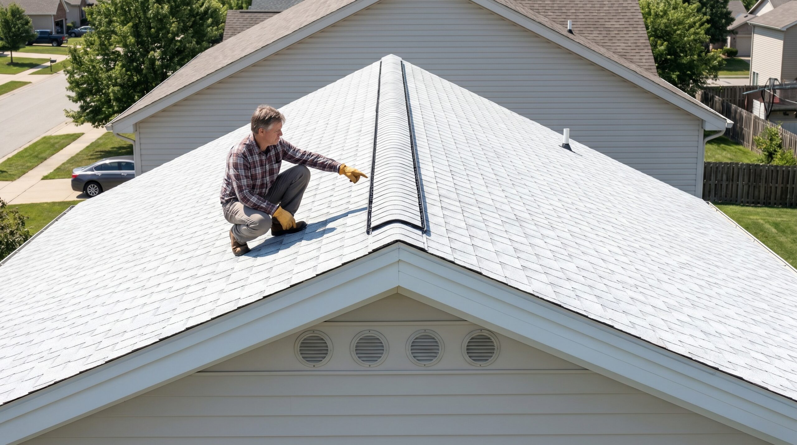 Homeowner inspecting clean white roof with visible ridge vents and proper ventilation