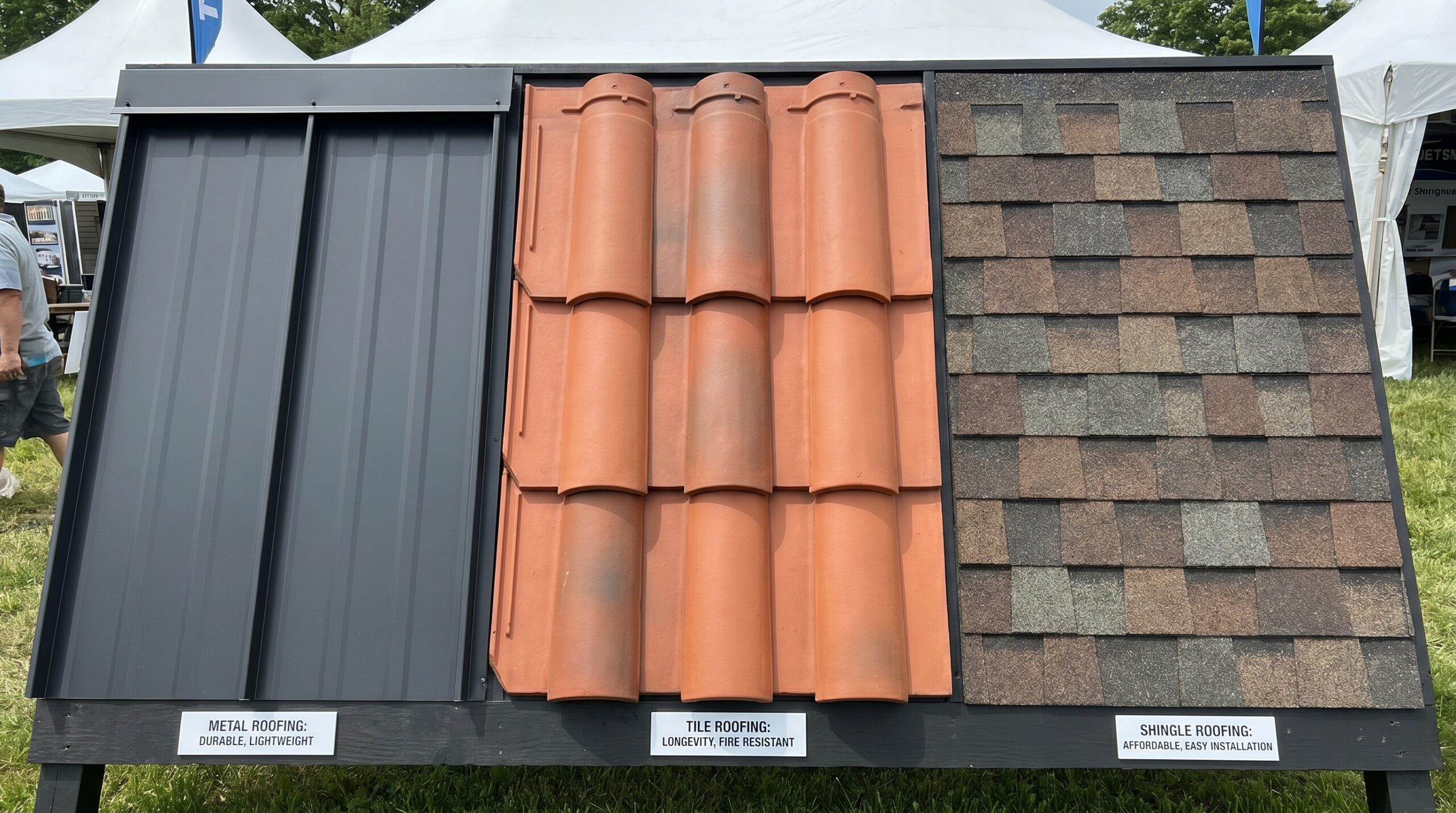 Comparison of different roofing materials showing metal, tile and shingle options