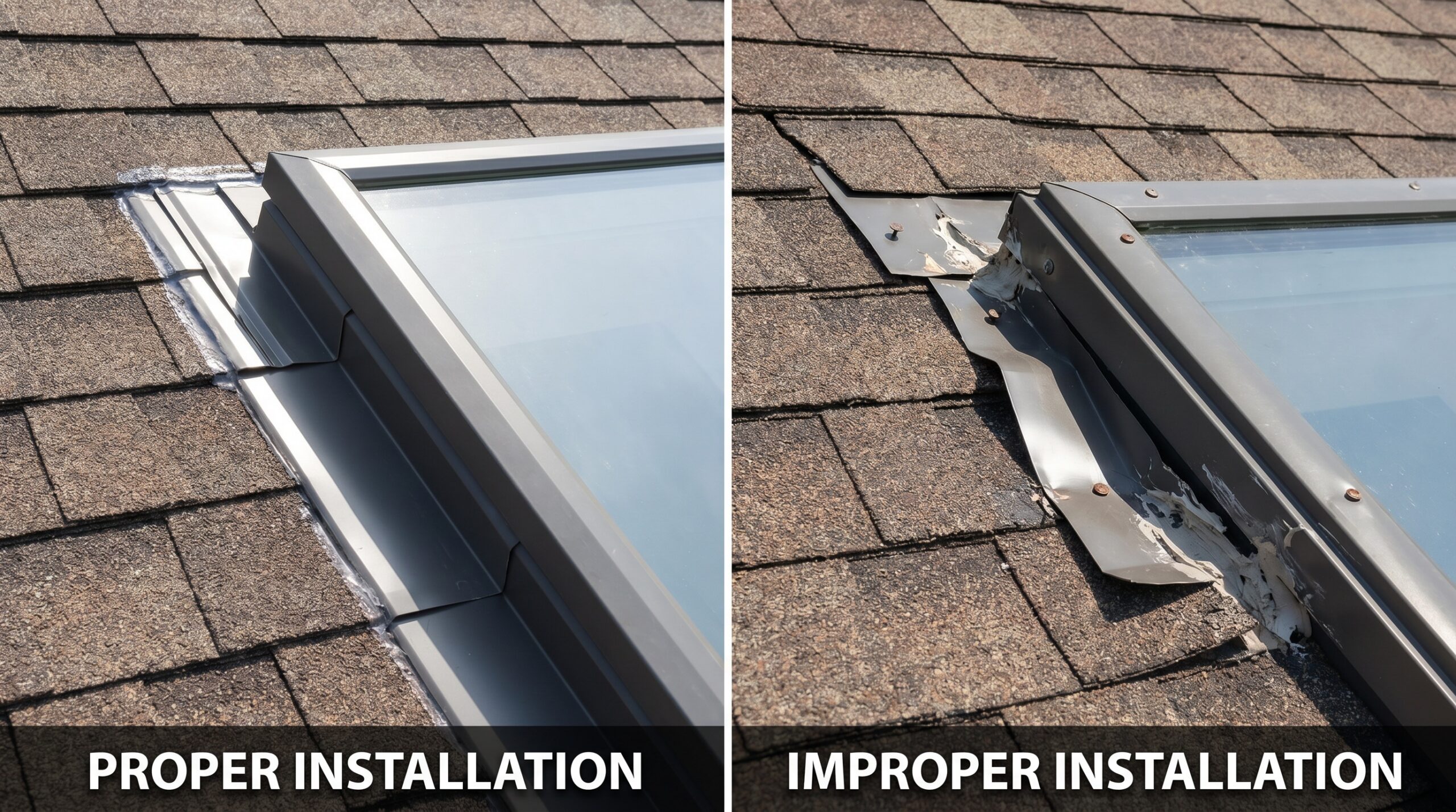 Close-up comparison showing proper vs improper skylight flashing installation
