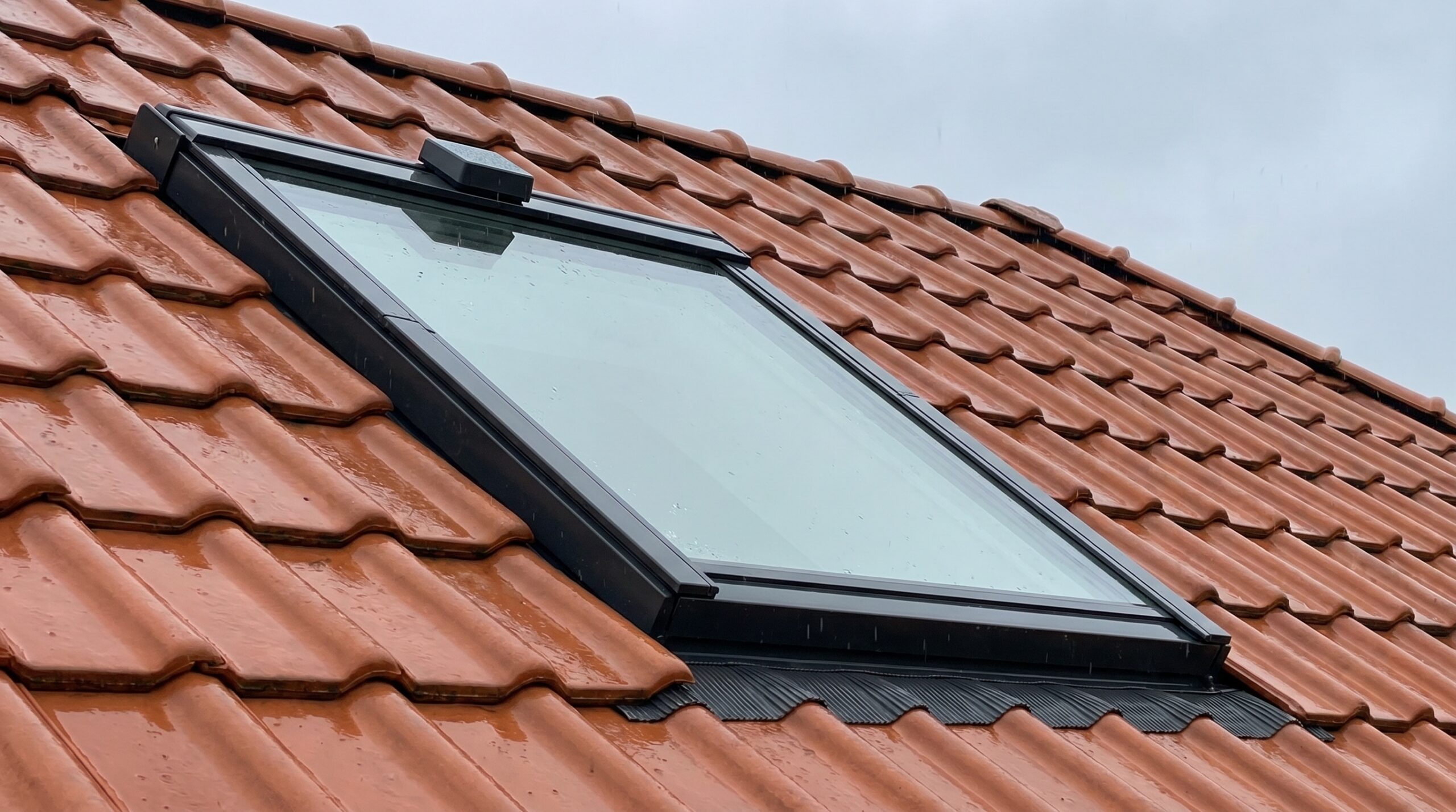 Modern skylight with rain sensor and Low-E glass installed on a tile roof